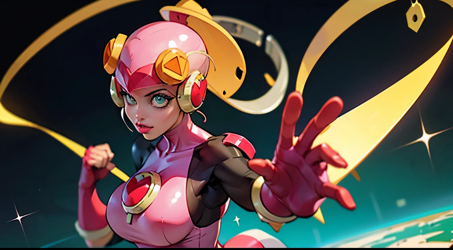 1 supersexy girl wear a (roll.exe) bodysuit, Space War Background, pink Aura Body, pink helmet, yellow antenna on head, (Supernova Power), Light blonde Hair, large ponytail, Red Eye, Perfect Body, Sexy, neon glow, hovering, very detailed, (Fighting stance), mecha musume, detailed eyes, detailed face