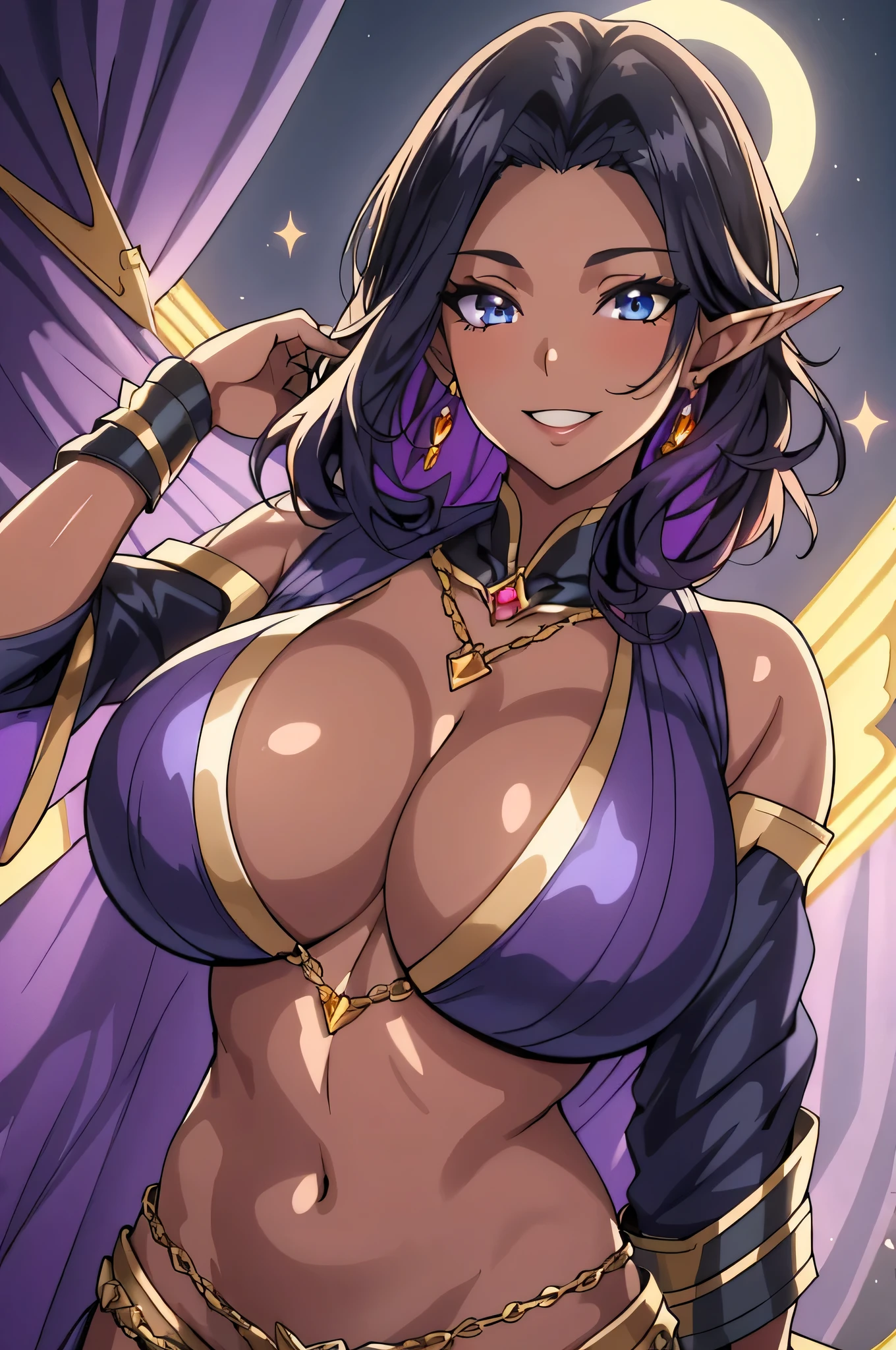 olga discordia, long black hair, long elf ears, dark elf, colored skin, brown skin, hair stick, bangs, blue eyes, solo, smiling, standing, upper body, hips, bare shoulders,purple thighhighs,violet dress, gold jewelry,armor,gloves,circlet, cleavage, red and gold royal castle, gigantic breasts, (best quality, masterpiece, beautiful and aesthetic:1.2, highest detailed face, perfect face,)  eyes, perfect face,expressive eyes,
looking at viewer, in the center of the image,(Upper_body),(Focus on her face),
official art,extremely detailed CG unity 8k wallpaper, perfect lighting,Colorful, 
(masterpiece:1.0),(best_quality:1.0), ultra high res,4K,ultra-detailed
