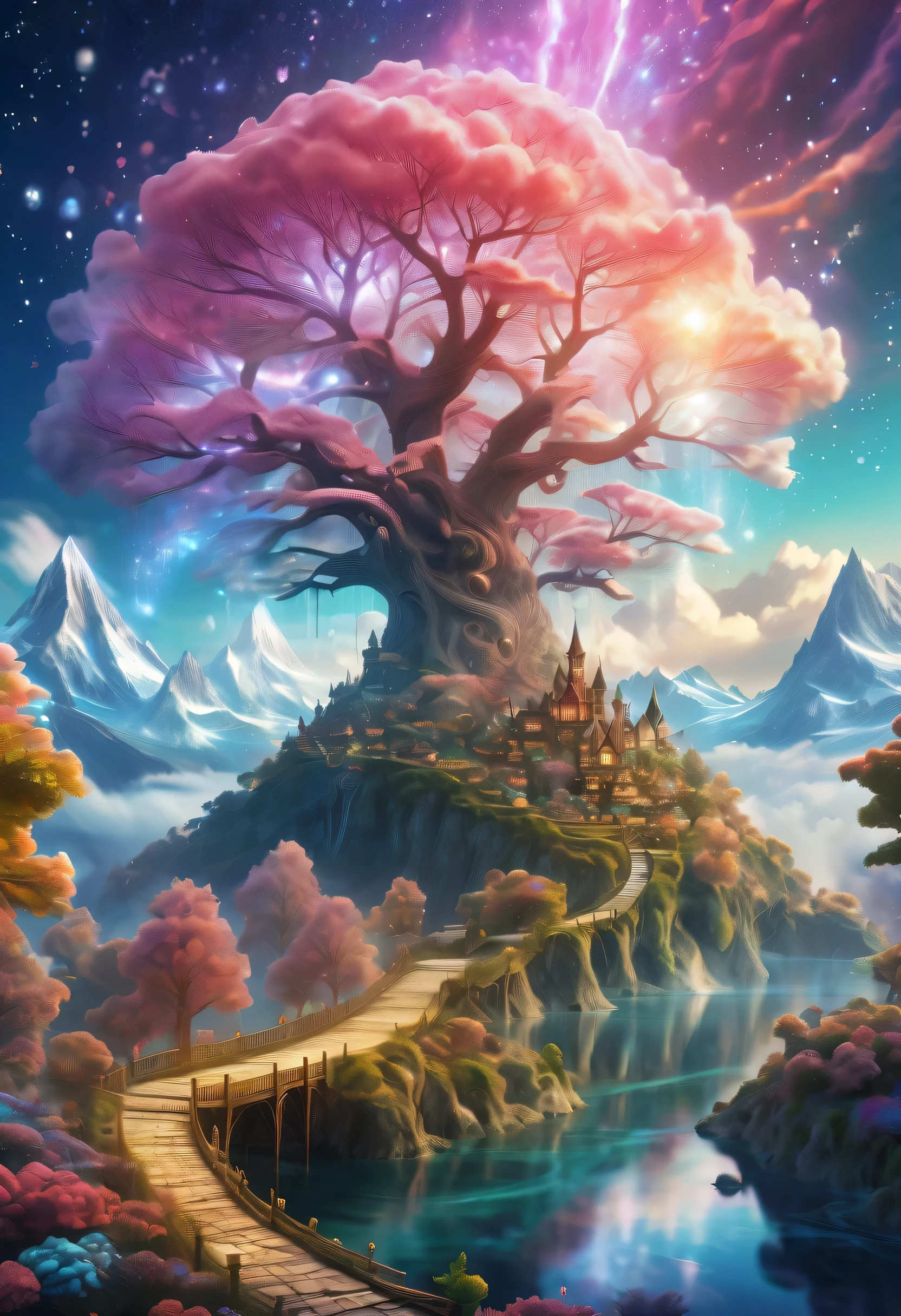 Dream Island in the Sea of Clouds,winter landscape,Snow country glitters,like a dream,Surreal wonderland,Overlapping clouds and fog,Colorful snowflakes are flying,The tree of life blooms with endless vitality,Twinkling stars in the night sky,Whimsical fantasy landscape art, Beautiful Art Ultra HD 16K, 16K highly detailed digital art, Beautiful and detailed fantasy, epic fantasy landscape, Mysterious fantasy landscape, Magic fantasy is very detailed, magical scenery, Made of trees and fantasy valley, Detailed fantasy digital art, 8K detailed digital art and more