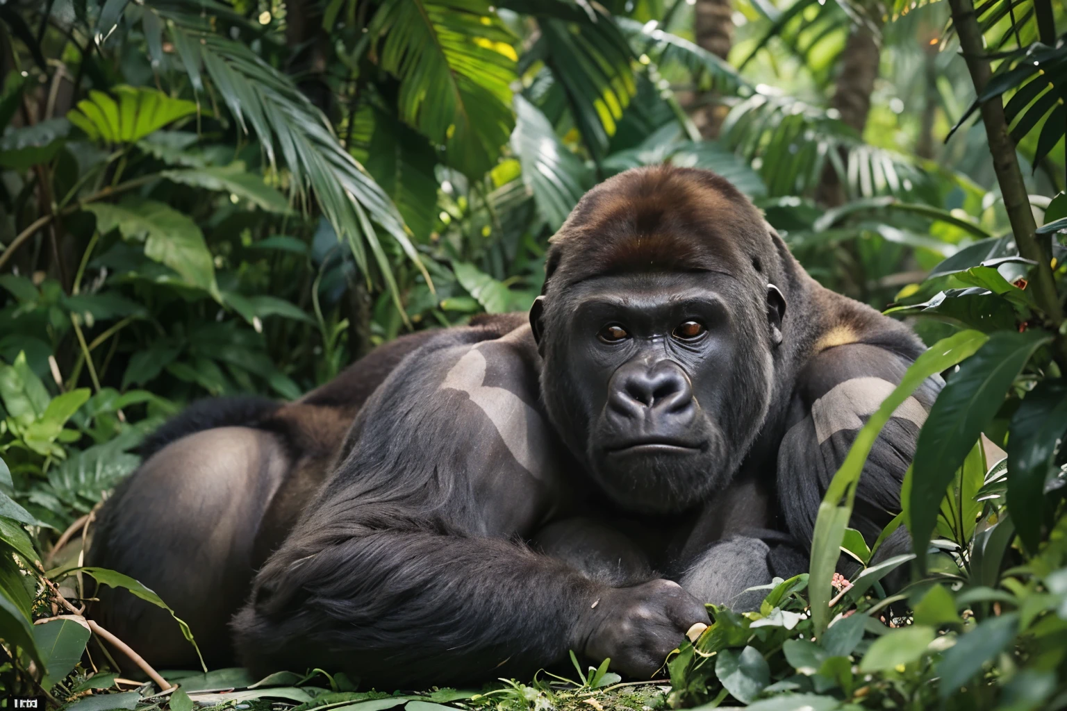 ((gorilla)), ((mega breasts)),((wearing bikini)) //sleeping, (breast squeeze:1.3), (chubby:1.2), Photo realistic, High resolution, detailed background, detailed beautiful skin, detailed nose, (solo shot:1.23), (((nice hand, perfect hand))), clear eyes,//(((in the jungle)))