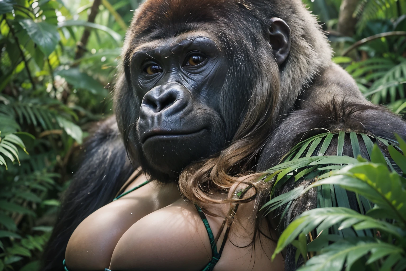 ((gorilla)), ((mega breasts)),((wearing bikini)) //sleeping, (breast squeeze:1.3), (chubby:1.2), Photo realistic, High resolution, detailed background, detailed beautiful skin, detailed nose, (solo shot:1.23), (((nice hand, perfect hand))), clear eyes,//(((in the jungle)))