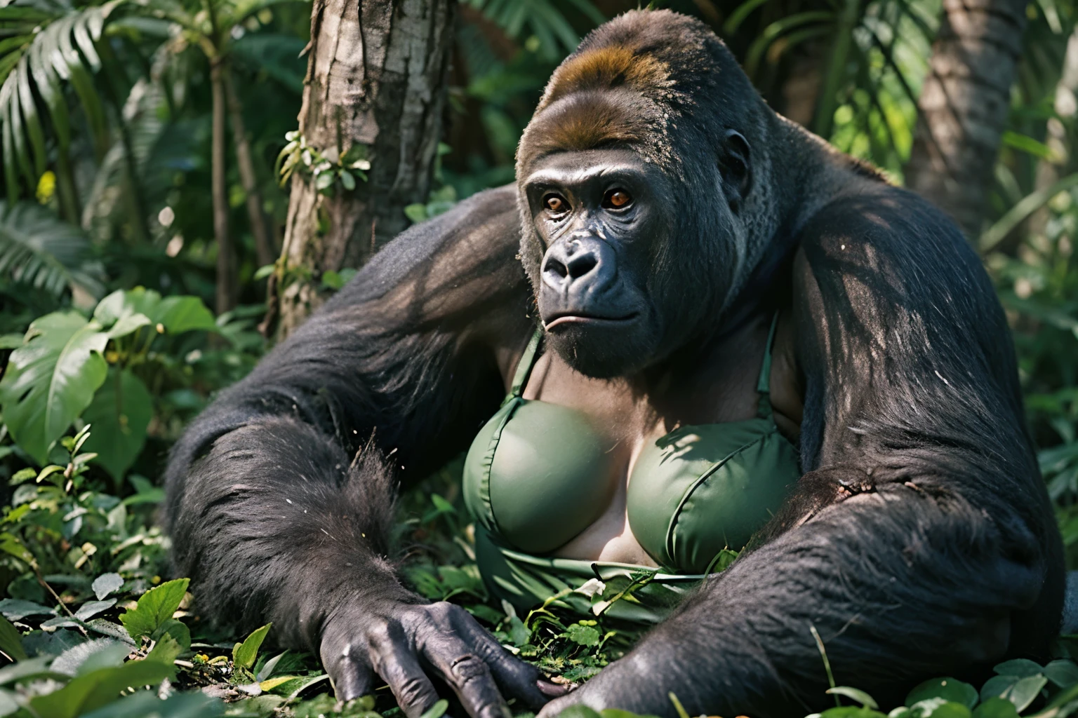 ((gorilla)), ((mega breasts)),((wearing bikini)) //sleeping, (breast squeeze:1.3), (chubby:1.2), Photo realistic, High resolution, detailed background, detailed beautiful skin, detailed nose, (solo shot:1.23), (((nice hand, perfect hand))), clear eyes,//(((in the jungle)))