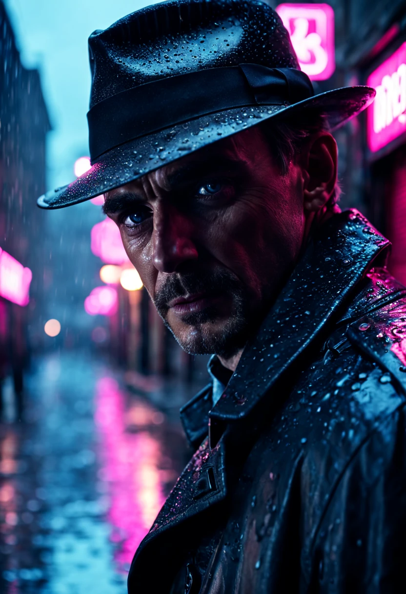 cinematic film still {Neon Noir Showdown: (masterpiece, 8K, UHD, photo-realistic:1.3), grizzled detective with (stubble and piercing blue eyes:1.1), (trench coat:1.2), fedora hat, in a rain-soaked alley, neon signs reflecting on puddles, tense standoff with shadowy figure, (vintage revolver:1.2), steam rising from the pavement, contrasting (neon pink and electric blue:1.1) lighting, close-up shot, side view, intense gaze, dramatic shadows, wet asphalt, moody and atmospheric, rain droplets mid-air, (anxious anticipation:1.1), detailed facial expressions} . shallow depth of field, vignette, highly detailed, high budget, bokeh, cinemascope, moody, epic, gorgeous, film grain, grainy