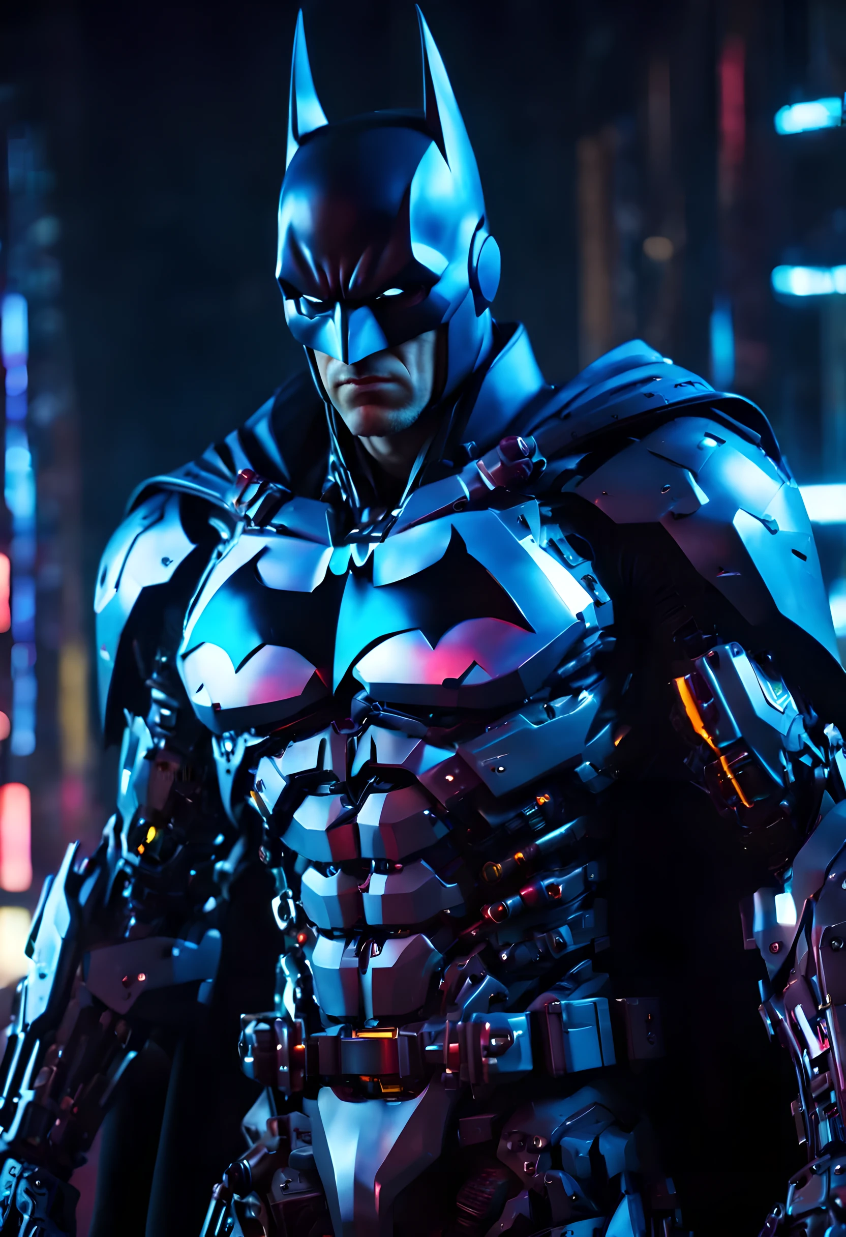 Ultra HD cinema lenses, Batman wearing a complex cyberpunk streamlined luminous platinum science fiction mecha, Cyberpunk theme, A metropolis under colorful lights, strong contrast