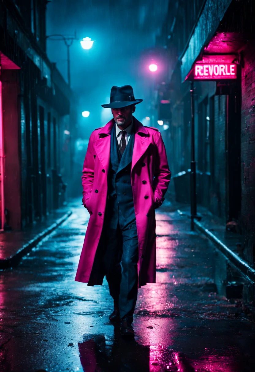 cinematic film still {Neon Noir Showdown: (masterpiece, 8K, UHD, photo-realistic:1.3), grizzled detective with (stubble and piercing blue eyes:1.1), (trench coat:1.2), fedora hat, in a rain-soaked alley, neon signs reflecting on puddles, tense standoff with shadowy figure, (vintage revolver:1.2), steam rising from the pavement, contrasting (neon pink and electric blue:1.1) lighting, close-up shot, side view, intense gaze, dramatic shadows, wet asphalt, moody and atmospheric, rain droplets mid-air, (anxious anticipation:1.1), detailed facial expressions} . shallow depth of field, vignette, highly detailed, high budget, bokeh, cinemascope, moody, epic, gorgeous, film grain, grainy