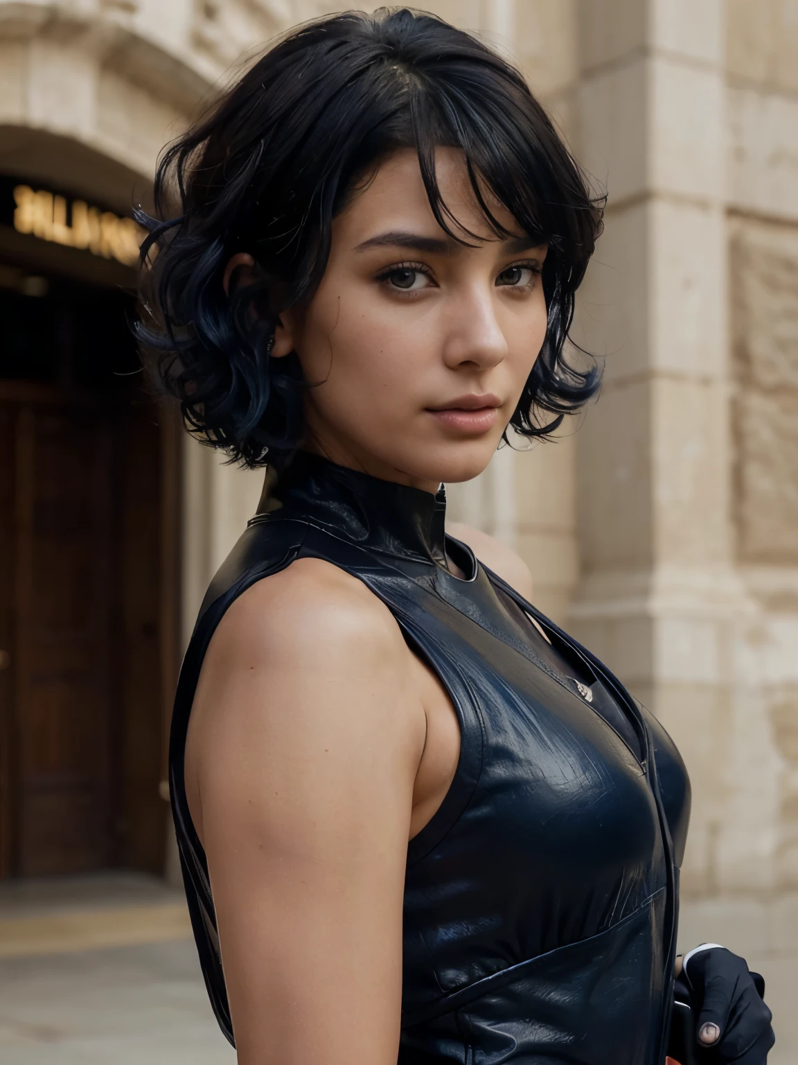 Breathtaking cinematic photo of a 30 year old girl is walking with dark blue hair and Brown eyes, happy, cheerful facial expression, closed mouth, Beautiful lips, complex parts, shallow depth of field, very detailed, high budget, epic Hollywood movie, Fabulous, Masterpiece, award-winning, professional, very detailed, Detailed leather texture, (blush: 0.5), (goosebumps: 0.5). (the most Beautiful woman in the world) (dark blue hair) (short curly hair, wild hair, stylish cut) thin face, thin nose, Beautiful, very Beautiful, Ideal face, Slim body (Slim), (Brown hair) (Brown eyes ) (White skin) beautiful body, western wall, predatory eyes, Pink lips, thick thighs. whole body, western beauty, thin nose, Beautiful, Ideal, ((Best quality)), ((Ultra resolution)), ((Photorealistic: 1.4)), (complex parts), Ideal face, Compose: 1.5 , clean face, facial details. foreground ((uniform, tactical suit, agent costume, a spy)) walking