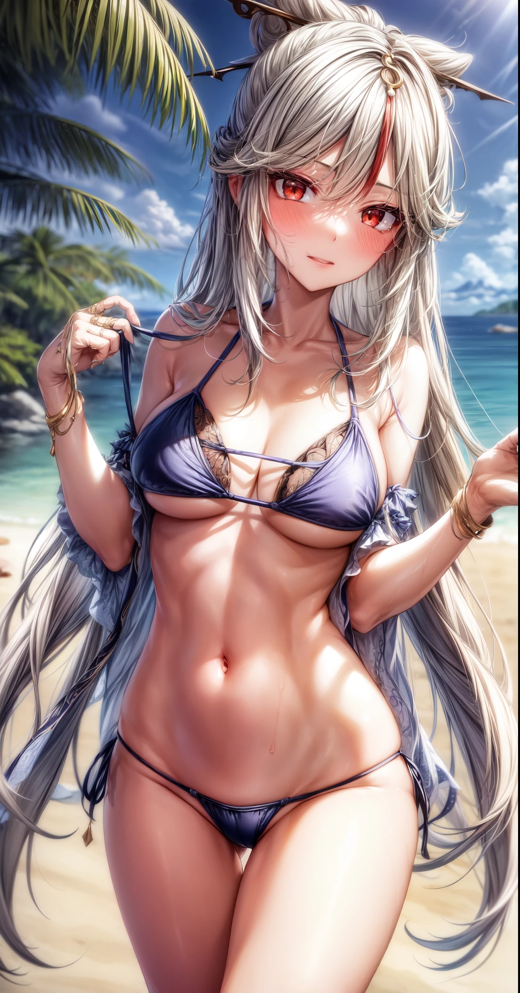 anime, beautiful face, highly detailed face, 2 accurate legs, red detailed eyes, highly detailed beach background, (perfect lighting:1.2), best body lighting, 1girl, solo, ningguang, genshin impact, outdoors, (beautiful light white hair:1.2), absurdres, high res, ultrasharp, 8K, masterpiece, naked legs, looking at viewer, teasing smile, blushing, hair ornament, BREAK (detailed sexy beach bikini:1.4), all intricate lace, standing up, (elegantly posing:1.3), extremely close up