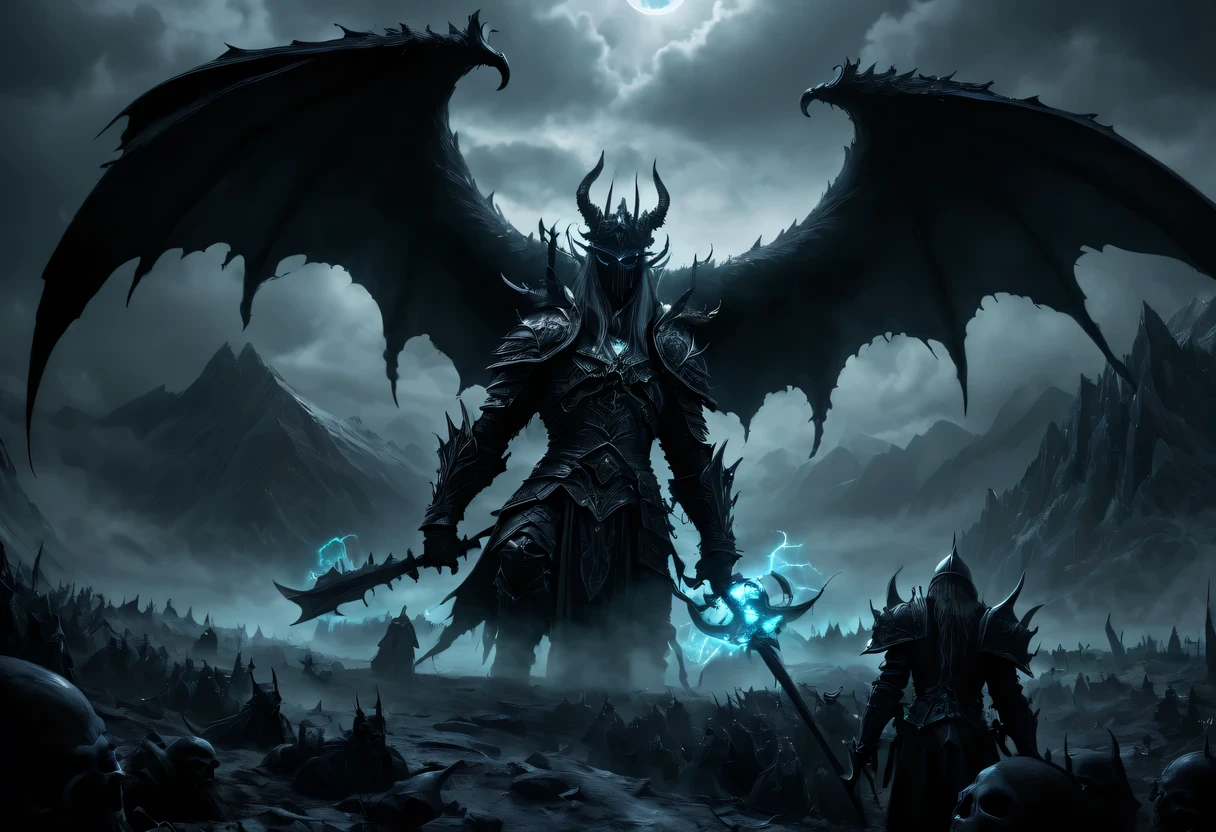 (dark fantasy, Gothic, surreal), (detailed, complex) demonic figure, inauspicious atmosphere, (mystery, enchanting) landscape, (cinematic, epic) cinematography, (high contrast, dramatic) light, (magical, mystery) Special effect, unforgettable imagery, (surreal, dreamlike) Visual effect, (intense, charming) storytelling, (sinister, threatening) present of the Lich King, (weird, chilling) Soundtrack, (epic battle, climax) Scenes, (fascinating的, enchanting) moment, (emotional, exciting) Narrate, (amazing, Thrilling) art direction, (Dreamy, otherworldly) biology, (majestic, awesome) architecture, (sinister, inauspicious预感) ceremony, (inauspicious, unforgettable) shadow, (robust, mystery) cultural relics, (ethereal, spooky) entity, (epic, magnificent) scale, (hypnotic, Enchanting) Visual effect, (Beyond, awesome) magic, (inauspicious预感, inauspicious) atmosphere, (charming, fascinating) story plot, (sinister, dark) motivation, (inauspicious, unforgettable) present