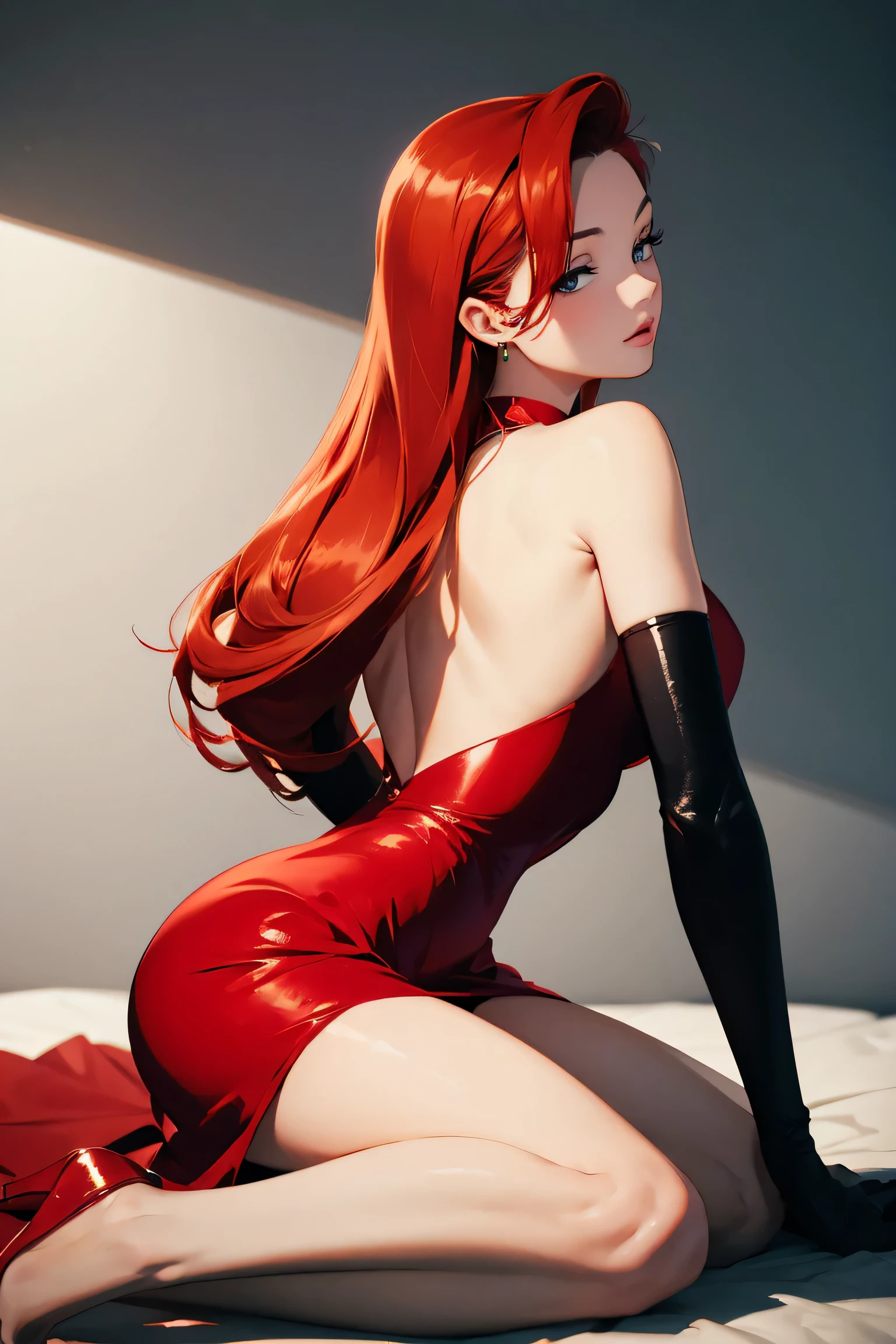 ((masterpiece, high quality, best quality, 8k, wallpaper, detailed)), A beautiful redhead, realistic, photorealistic, solo, looking at viewer, full body, long hair, red hair, long legs, red hair, pantyhose, sparkly red dress, strapless with leg slit, high heels, pretty hands, cameltoe, doggystyle, doggy style, She is looking at you, she is showing her back to you, (Monochromatic light grey background) ((soft light)) NSFW