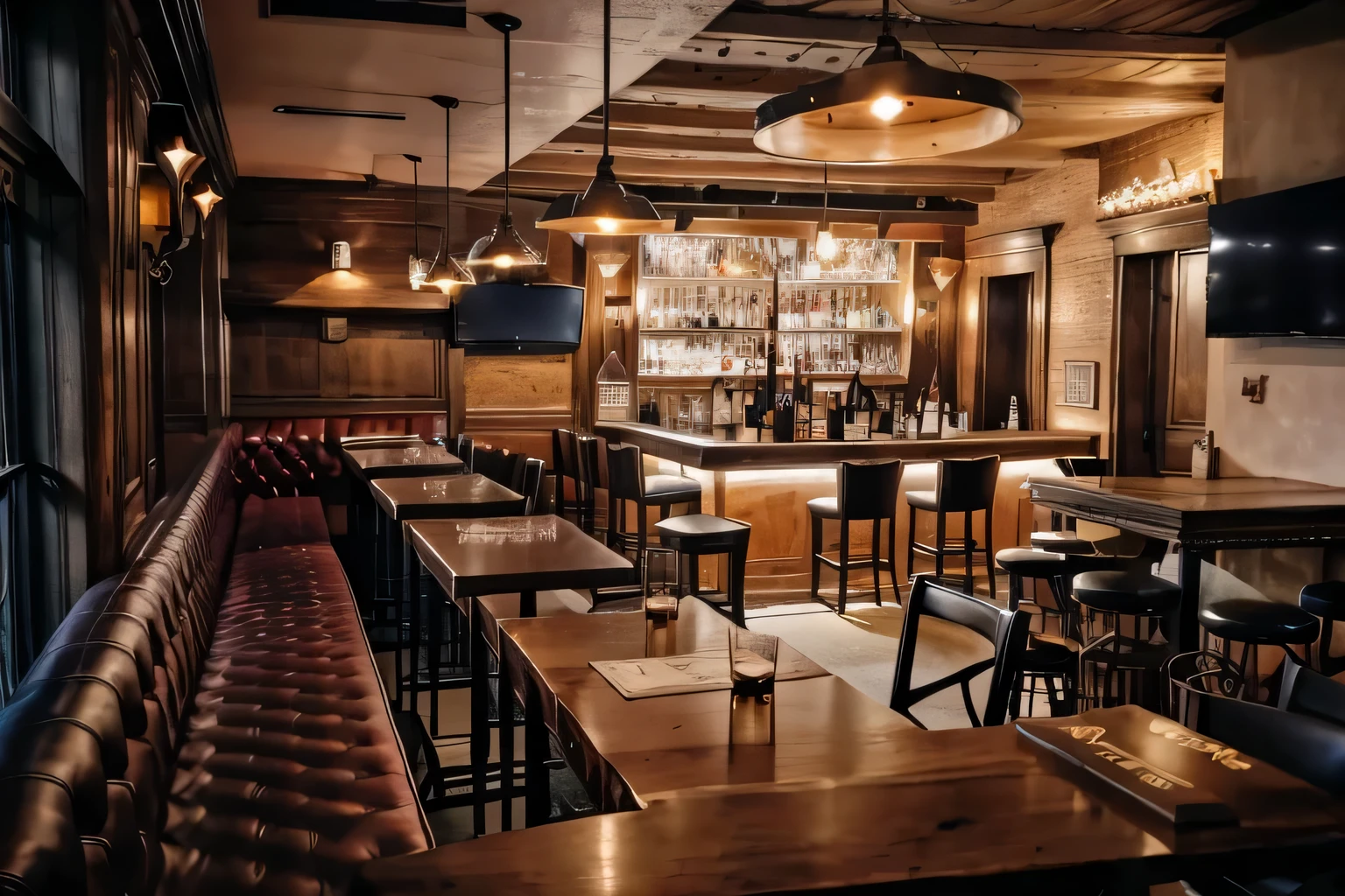 Il y a un bar avec beaucoup de tables et de chaises, Cozy and dark 1920s speakeasy, fond de bar clandestin, dimly lit confortable tavern, confortable, dimly lit tavern, pleasant ambiance chaleureuse, D'ailleurs'interior of'Un bar, barre d'background, Ambiance chaleureuse, Dimly lit dive bar, Ambiance confortable, bar, Ambiance chaleureuse