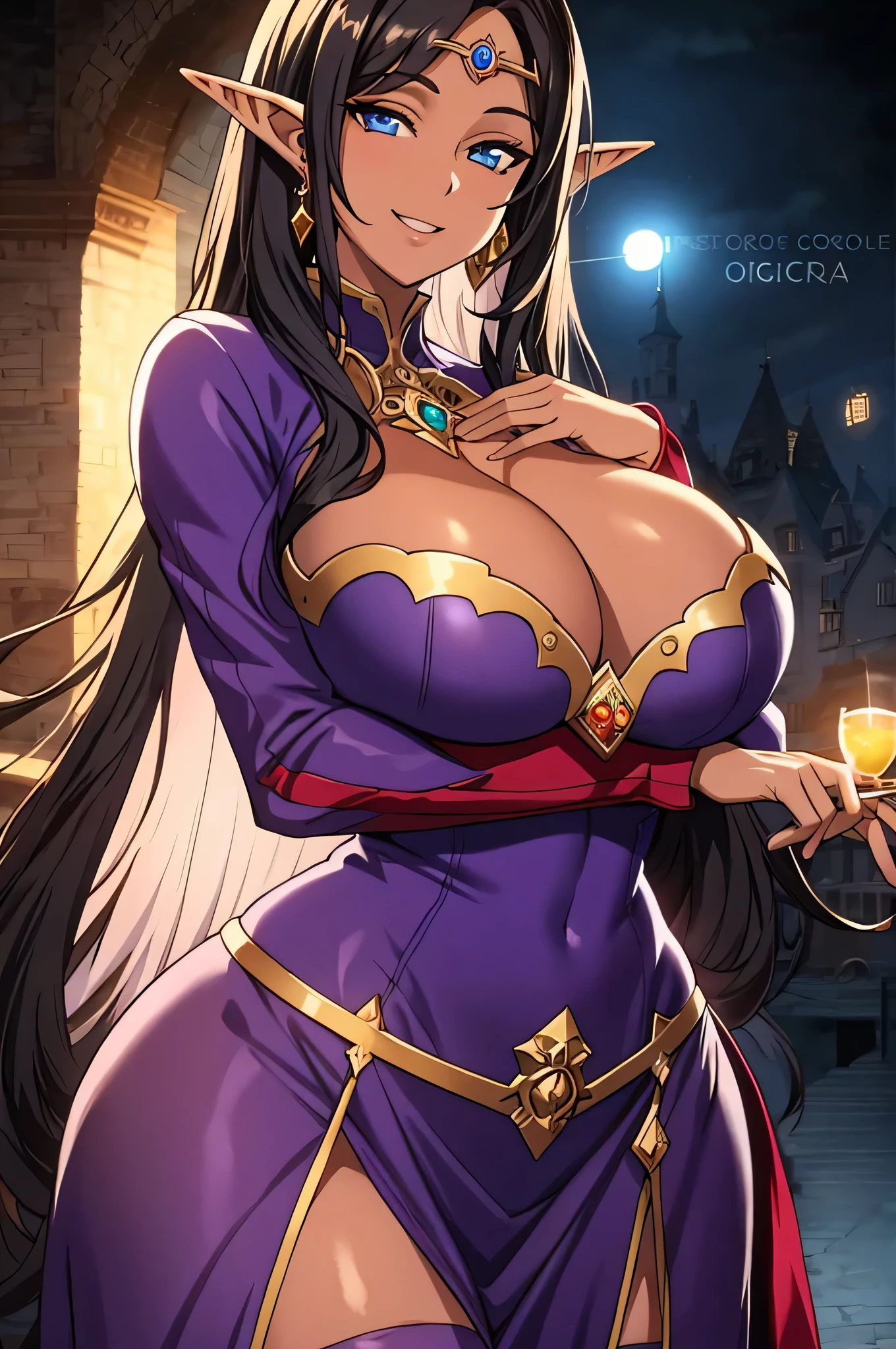 olga discordia, long black hair, long elf ears, dark elf, colored skin, brown skin, hair stick, bangs, blue eyes, solo, smiling, standing, upper body, hips, bare shoulders,purple thighhighs,violet dress, gold jewelry,armor,gloves,circlet, cleavage, red and gold royal castle, gigantic breasts, (best quality, masterpiece, beautiful and aesthetic:1.2, highest detailed face, perfect face,)  eyes, perfect face,expressive eyes,
looking at viewer, in the center of the image,(Upper_body),(Focus on her face),
official art,extremely detailed CG unity 8k wallpaper, perfect lighting,Colorful, 
(masterpiece:1.0),(best_quality:1.0), ultra high res,4K,ultra-detailed
