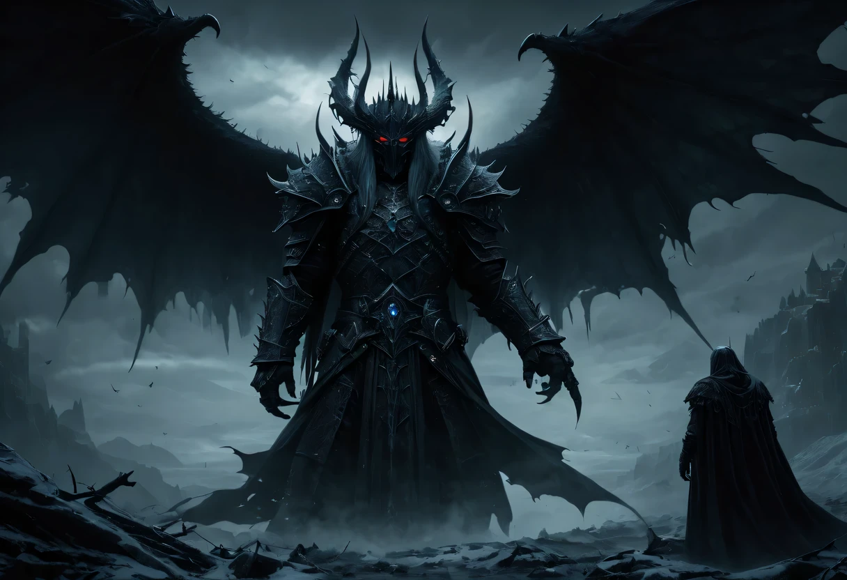 (dark fantasy, Gothic, surreal), (detailed, complex) demonic figure, inauspicious atmosphere, (mystery, enchanting) landscape, (cinematic, epic) cinematography, (high contrast, dramatic) light, (magical, mystery) Special effect, unforgettable imagery, (surreal, dreamlike) Visual effect, (intense, charming) storytelling, (sinister, threatening) present of the Lich King, (weird, chilling) Soundtrack, (epic battle, ) Scenes, (fascinating的, enchanting) moment, (emotional, exciting) Narrate, (amazing, Thrilling) art direction, (Dreamy, otherworldly) biology, (majestic, awesome) architecture, (sinister, inauspicious预感) ceremony, (inauspicious, unforgettable) shadow, (robust, mystery) cultural relics, (ethereal, spooky) entity, (epic, magnificent) scale, (hypnotic, Enchanting) Visual effect, (Beyond, awesome) magic, (inauspicious预感, inauspicious) atmosphere, (charming, fascinating) story plot, (sinister, dark) motivation, (inauspicious, unforgettable) present