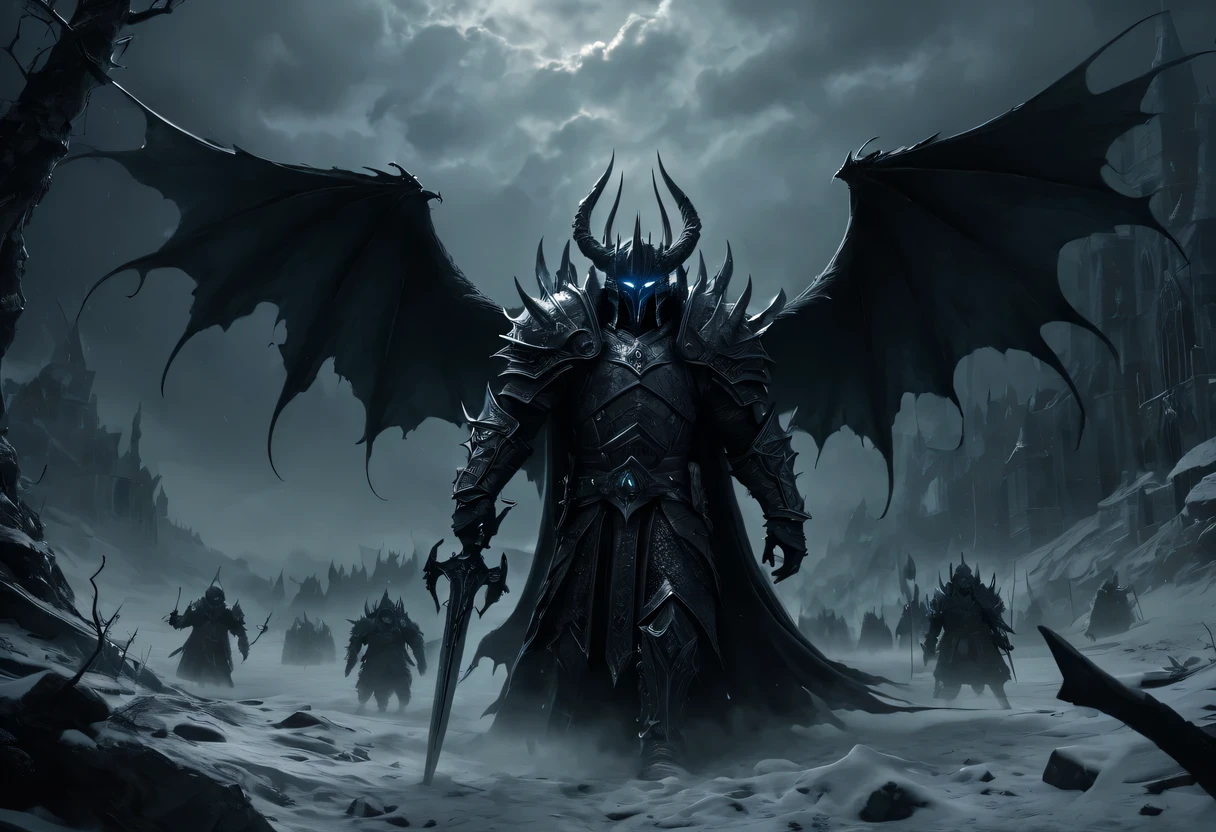 (dark fantasy, Gothic, surreal), (detailed, complex) demonic figure, inauspicious atmosphere, (mystery, enchanting) landscape, (cinematic, epic) cinematography, (high contrast, dramatic) light, (magical, mystery) Special effect, unforgettable imagery, (surreal, dreamlike) Visual effect, (intense, charming) storytelling, (sinister, threatening) present of the Lich King, (weird, chilling) Soundtrack, (epic battle, ) Scenes, (fascinating的, enchanting) moment, (emotional, exciting) Narrate, (amazing, Thrilling) art direction, (Dreamy, otherworldly) biology, (majestic, awesome) architecture, (sinister, inauspicious预感) ceremony, (inauspicious, unforgettable) shadow, (robust, mystery) cultural relics, (ethereal, spooky) entity, (epic, magnificent) scale, (hypnotic, Enchanting) Visual effect, (Beyond, awesome) magic, (inauspicious预感, inauspicious) atmosphere, (charming, fascinating) story plot, (sinister, dark) motivation, (inauspicious, unforgettable) present