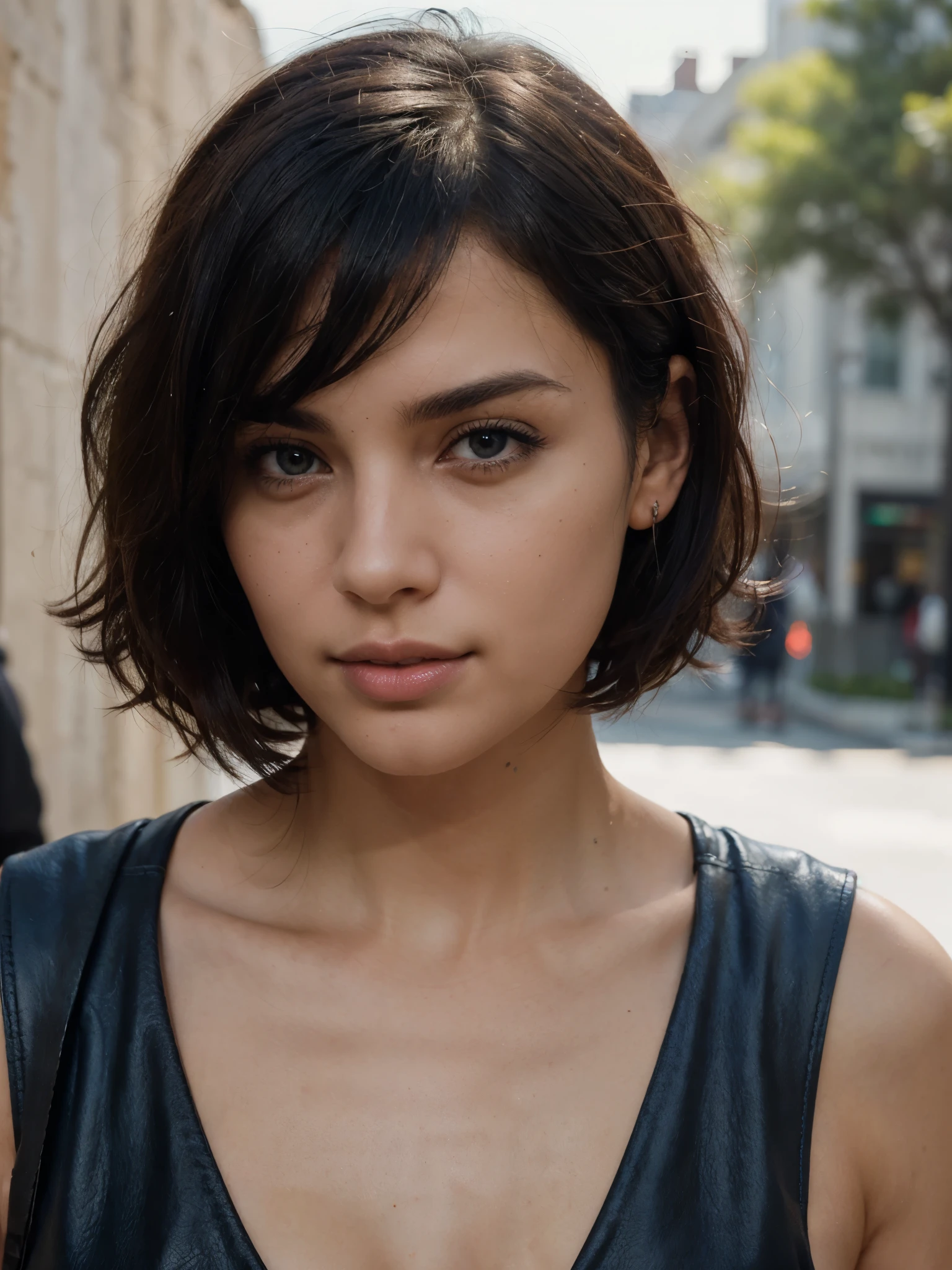 Breathtaking cinematic photo of a 30 year old girl is walking with dark blue hair and Brown eyes, happy, cheerful facial expression, closed mouth, Beautiful lips, complex parts, shallow depth of field, very detailed, high budget, epic Hollywood movie, Fabulous, Masterpiece, award-winning, professional, very detailed, Detailed leather texture, (blush: 0.5), (goosebumps: 0.5). (the most Beautiful woman in the world) (dark blue hair) (short curly hair, wild hair, stylish cut) thin face, thin nose, Beautiful, very Beautiful, Ideal face, Slim body (Slim), (Brown hair) (Brown eyes ) (White skin) beautiful body, western wall, predatory eyes, Pink lips, thick thighs. whole body, western beauty, thin nose, Beautiful, Ideal, ((Best quality)), ((Ultra resolution)), ((Photorealistic: 1.4)), (complex parts), Ideal face, Compose: 1.5 , clean face, facial details. foreground ((uniform, , a spy)) walking