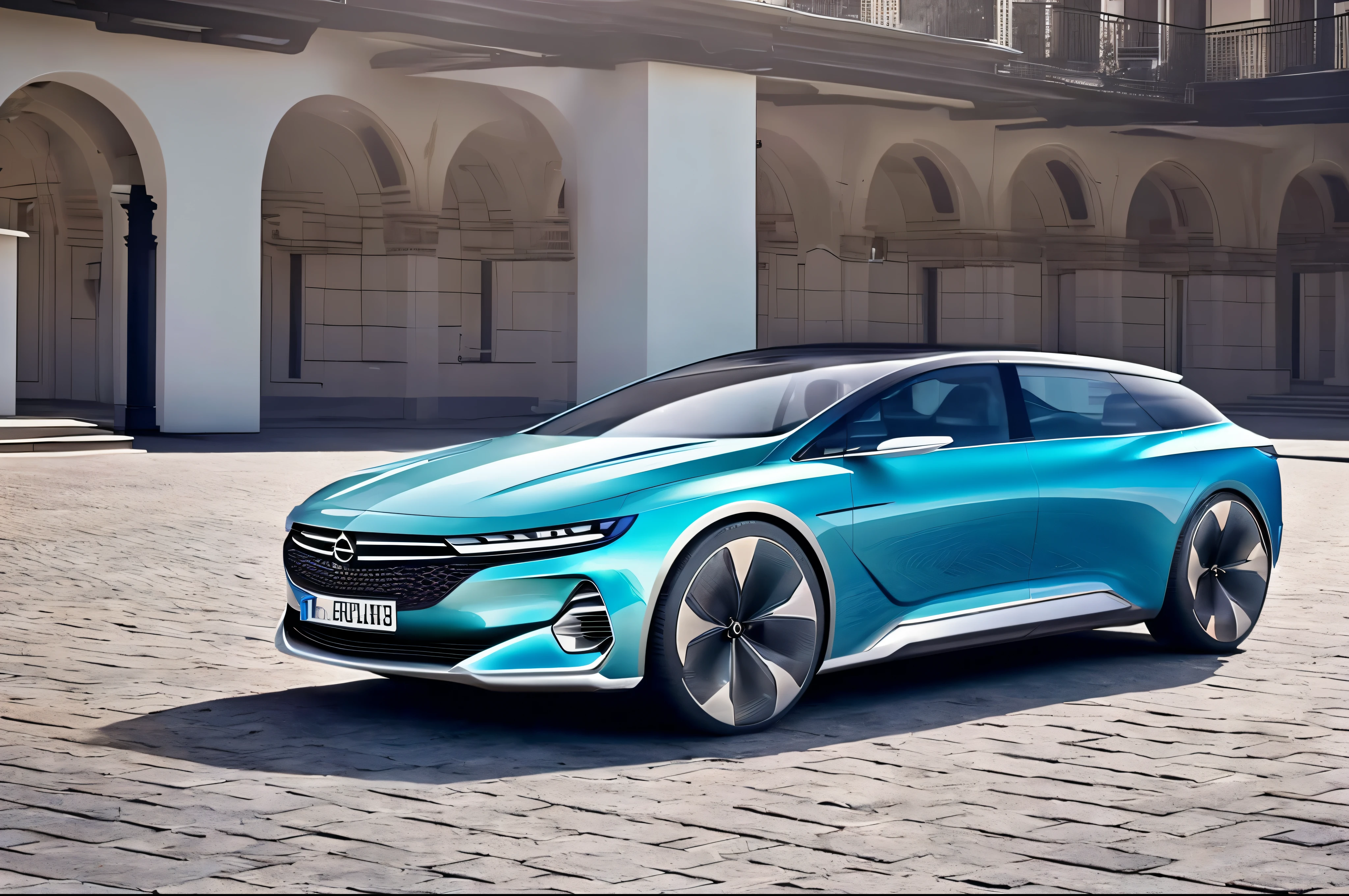 Futuristic electric Opel Rekord concept from front