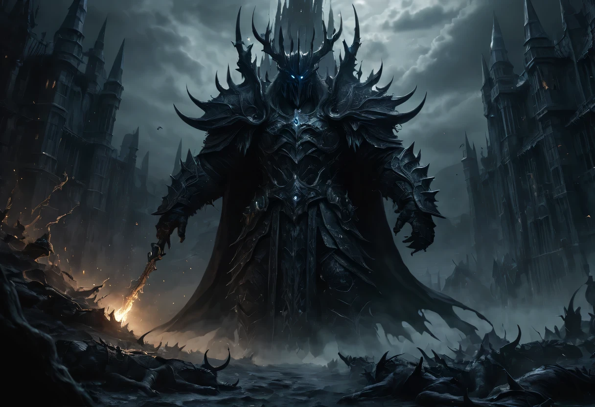 (dark fantasy, Gothic, surreal), (detailed, complex) demonic figure, inauspicious atmosphere, (mystery, enchanting) landscape, (cinematic, epic) cinematography, (high contrast, dramatic) light, (magical, mystery) Special effect, unforgettable imagery, (surreal, dreamlike) Visual effect, (intense, charming) storytelling, (sinister, threatening) present of the Lich King, (weird, chilling) Soundtrack, (epic battle, ) Scenes, (fascinating的, enchanting) moment, (emotional, exciting) Narrate, (amazing, Thrilling) art direction, (Dreamy, otherworldly) biology, (majestic, awesome) architecture, (sinister, inauspicious预感) ceremony, (inauspicious, unforgettable) shadow, (robust, mystery) cultural relics, (ethereal, spooky) entity, (epic, magnificent) scale, (hypnotic, Enchanting) Visual effect, (Beyond, awesome) magic, (inauspicious预感, inauspicious) atmosphere, (charming, fascinating) story plot, (sinister, dark) motivation, (inauspicious, unforgettable) present