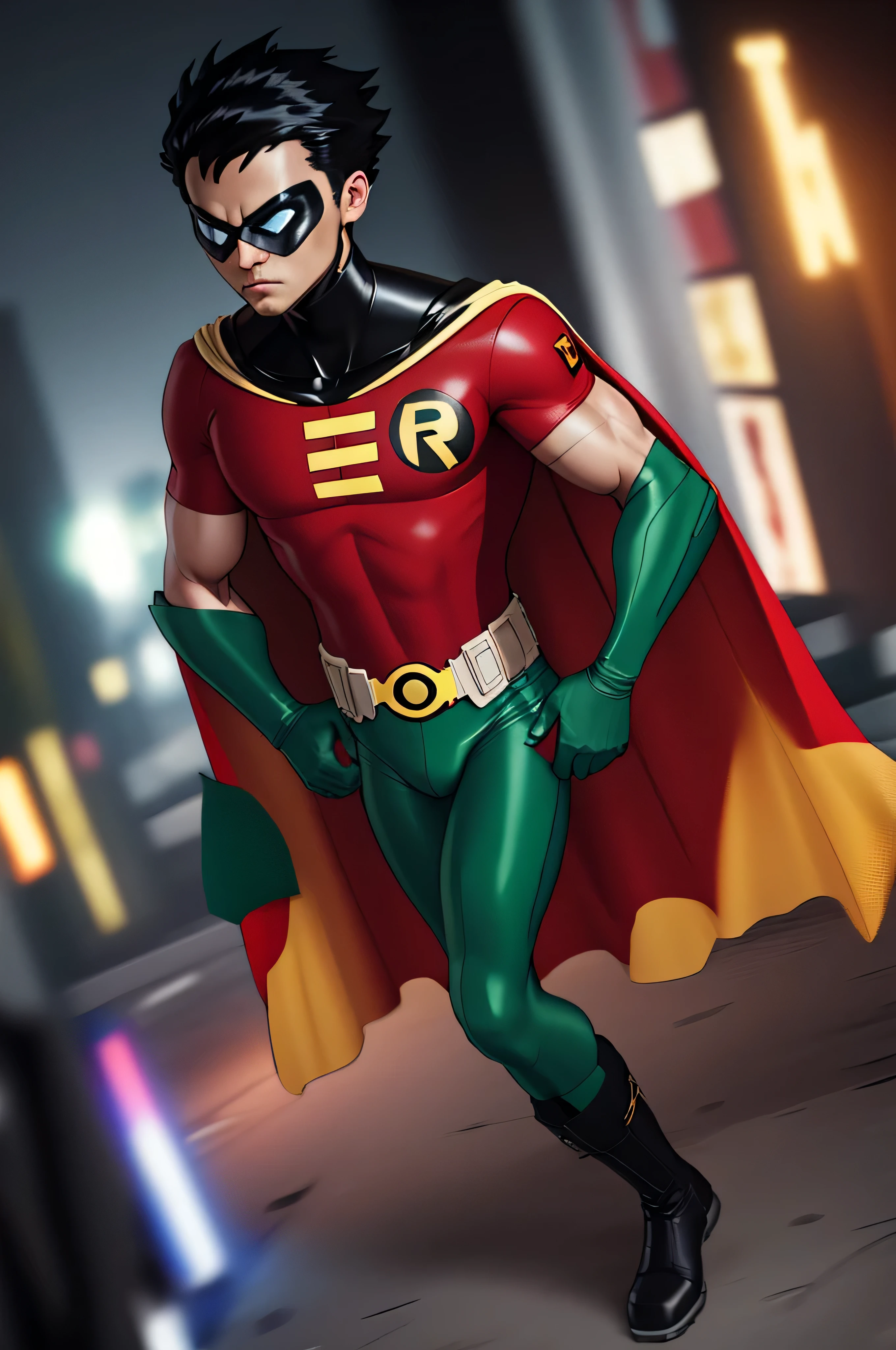 Robin, solo, black hair, gloves, 1boy, action shot, boy focus, boots, belt, cape, mask, muscular, abs, skin tight, hands on hips, realistic, superhero, spandex, (bodysuit), blue eyes, detailed eyes, (green underwear), city, night, moon, ultra realistic,32k,RAW photo,(high detailed skin:1.2), 8k uhd, dslr, soft lighting, high quality, film grain, photo-realistic, octane render, unreal engine, ultra-realistic