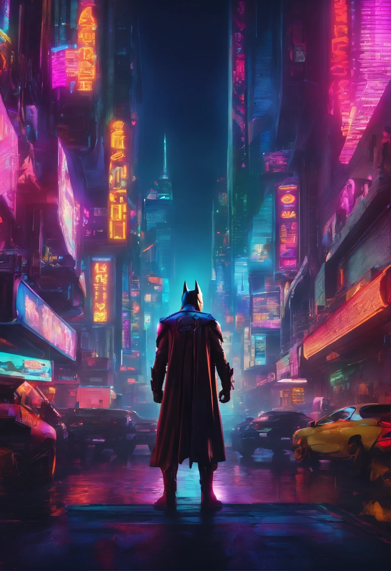 Ultra-high-definition cinematic footage, Batman dressed in a complex cyberpunk streamlined luminous platinum sci-fi mecha, cyberpunk theme, metropolis under colorful lights, strong contrast
