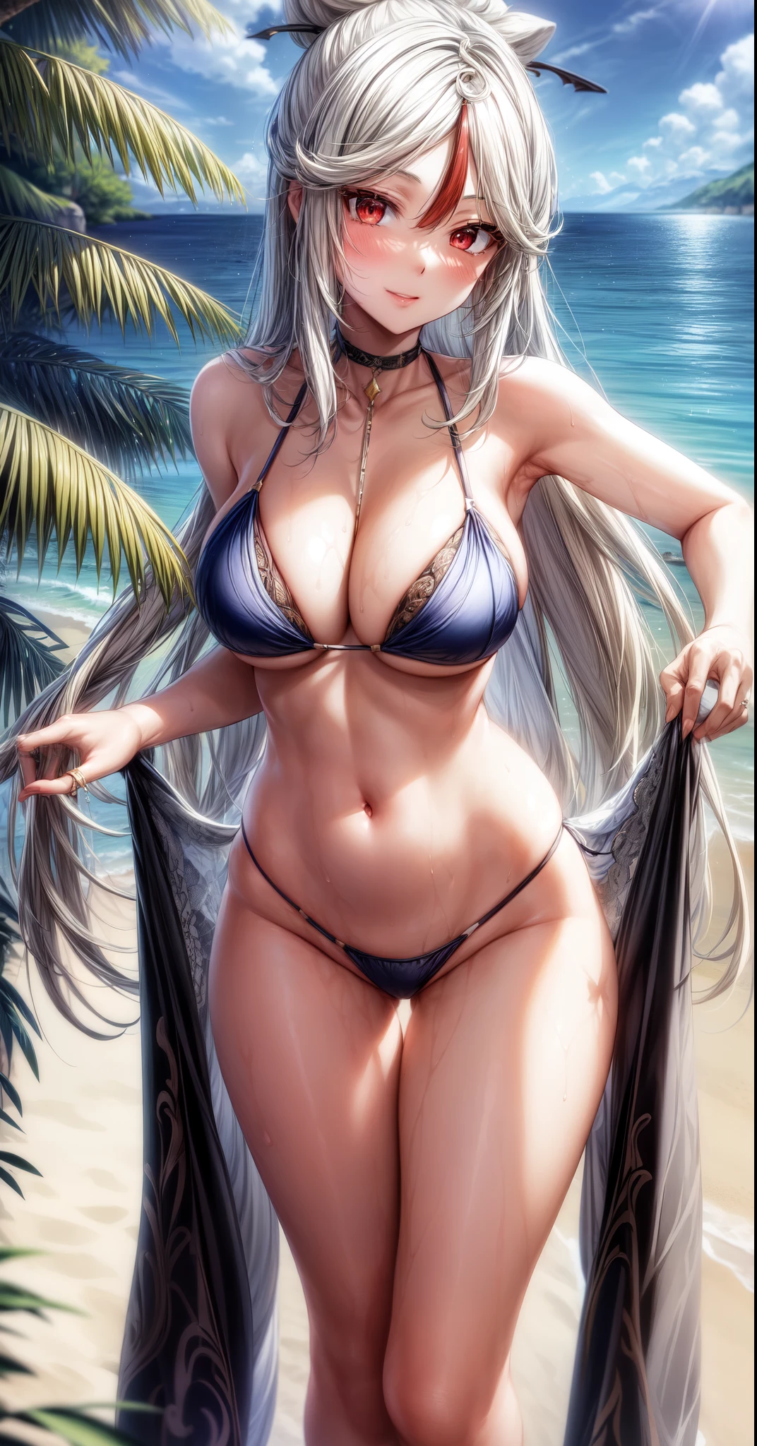 anime, beautiful face, highly detailed face, 2 accurate legs, red detailed eyes, highly detailed beach background, (perfect lighting:1.2), best body lighting, 1girl, solo, ningguang, genshin impact, outdoors, (beautiful light white hair:1.2), absurdres, high res, ultrasharp, 8K, masterpiece, naked legs, looking at viewer, teasing smile, blushing, hair ornament, BREAK (detailed sexy beach bikini:1.4), all intricate lace, standing up, (elegantly posing:1.3), extremely close up