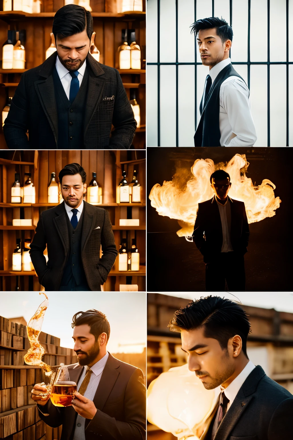 male portrait,whiskey liquid flying,distillation kiln,Collage art,modern