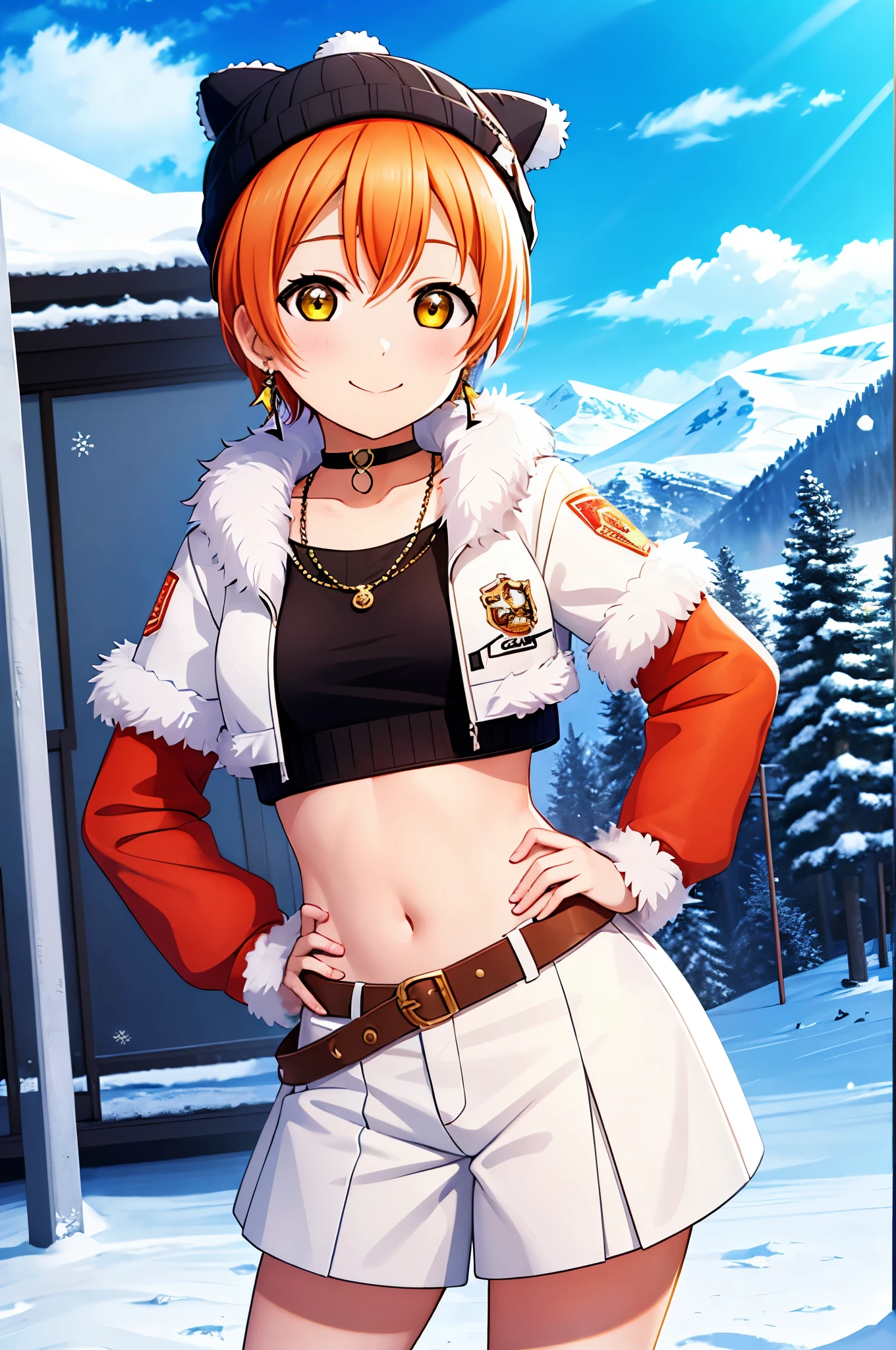 (Masterpiece, Best Quality, High Quality), Hoshizora rin, orange hair, yellow eyes, cowboy shot,looking at viewer, smile, bangs, white beanie hat , crop top, jewelry, closed mouth, jacket, earrings, outdoors, sky, shorts, fur trim, cute choker, snow, snowing, mountain, fur-trimmed jacket, mountainous horizon, hand on hip 