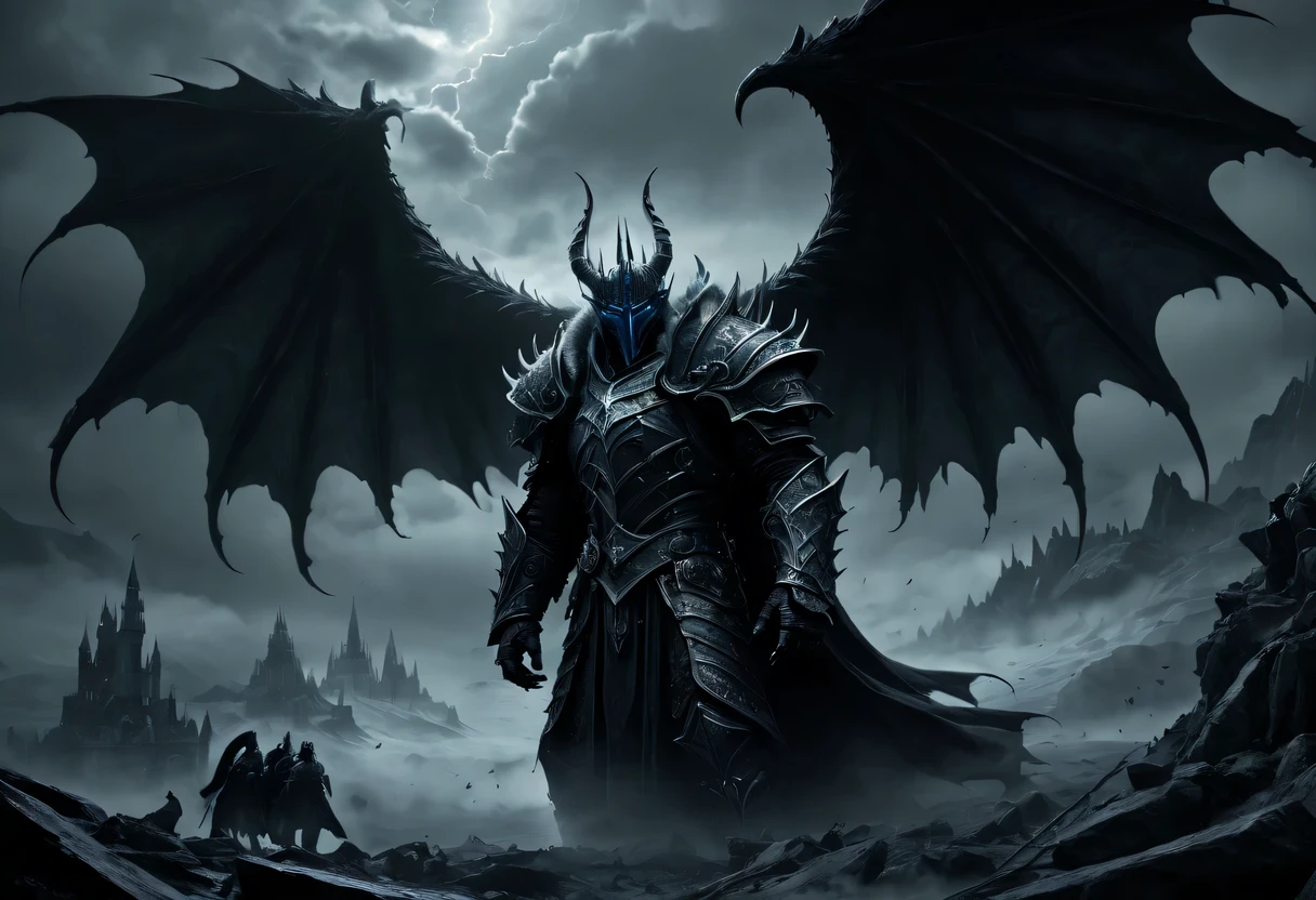 (dark fantasy, Gothic, surreal), (detailed, complex) demonic figure, inauspicious atmosphere, (mystery, enchanting) landscape, (cinematic, epic) cinematography, (high contrast, dramatic) light, (magical, mystery) Special effect, unforgettable imagery, (surreal, dreamlike) Visual effect, (intense, charming) storytelling, (sinister, threatening) present of the Lich King, (weird, chilling) Soundtrack, (epic battle, climax) Scenes, (fascinating的, enchanting) moment, (emotional, exciting) Narrate, (amazing, Thrilling) art direction, (Dreamy, otherworldly) biology, (majestic, awesome) architecture, (sinister, inauspicious预感) ceremony, (inauspicious, unforgettable) shadow, (robust, mystery) cultural relics, (ethereal, spooky) entity, (epic, magnificent) scale, (hypnotic, Enchanting) Visual effect, (Beyond, awesome) magic, (inauspicious预感, inauspicious) atmosphere, (charming, fascinating) story plot, (sinister, dark) motivation, (inauspicious, unforgettable) present