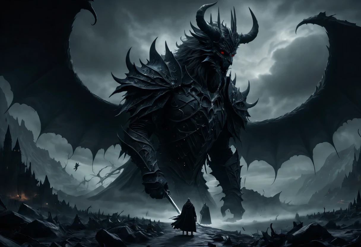(dark fantasy, Gothic, surreal), (detailed, complex) demonic figure, inauspicious atmosphere, (mystery, enchanting) landscape, (cinematic, epic) cinematography, (high contrast, dramatic) light, (magical, mystery) Special effect, unforgettable imagery, (surreal, dreamlike) Visual effect, (intense, charming) storytelling, (sinister, threatening) present of the Lich King, (weird, chilling) Soundtrack, (epic battle, climax) Scenes, (fascinating的, enchanting) moment, (emotional, exciting) Narrate, (amazing, Thrilling) art direction, (Dreamy, otherworldly) biology, (majestic, awesome) architecture, (sinister, inauspicious预感) ceremony, (inauspicious, unforgettable) shadow, (robust, mystery) cultural relics, (ethereal, spooky) entity, (epic, magnificent) scale, (hypnotic, Enchanting) Visual effect, (Beyond, awesome) magic, (inauspicious预感, inauspicious) atmosphere, (charming, fascinating) story plot, (sinister, dark) motivation, (inauspicious, unforgettable) present