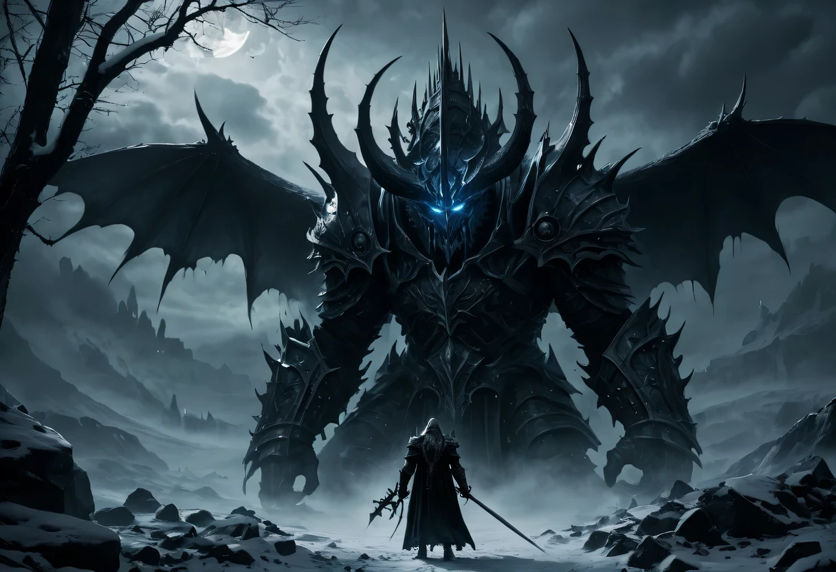 (dark fantasy, Gothic, surreal), (detailed, complex) demonic figure, inauspicious atmosphere, (mystery, enchanting) landscape, (cinematic, epic) cinematography, (high contrast, dramatic) light, (magical, mystery) Special effect, unforgettable imagery, (surreal, dreamlike) Visual effect, (intense, charming) storytelling, (sinister, threatening) present of the Lich King, (weird, chilling) Soundtrack, (epic battle, ) Scenes, (fascinating的, enchanting) moment, (emotional, exciting) Narrate, (amazing, Thrilling) art direction, (Dreamy, otherworldly) biology, (majestic, awesome) architecture, (sinister, inauspicious预感) ceremony, (inauspicious, unforgettable) shadow, (robust, mystery) cultural relics, (ethereal, spooky) entity, (epic, magnificent) scale, (hypnotic, Enchanting) Visual effect, (Beyond, awesome) magic, (inauspicious预感, inauspicious) atmosphere, (charming, fascinating) story plot, (sinister, dark) motivation, (inauspicious, unforgettable) present