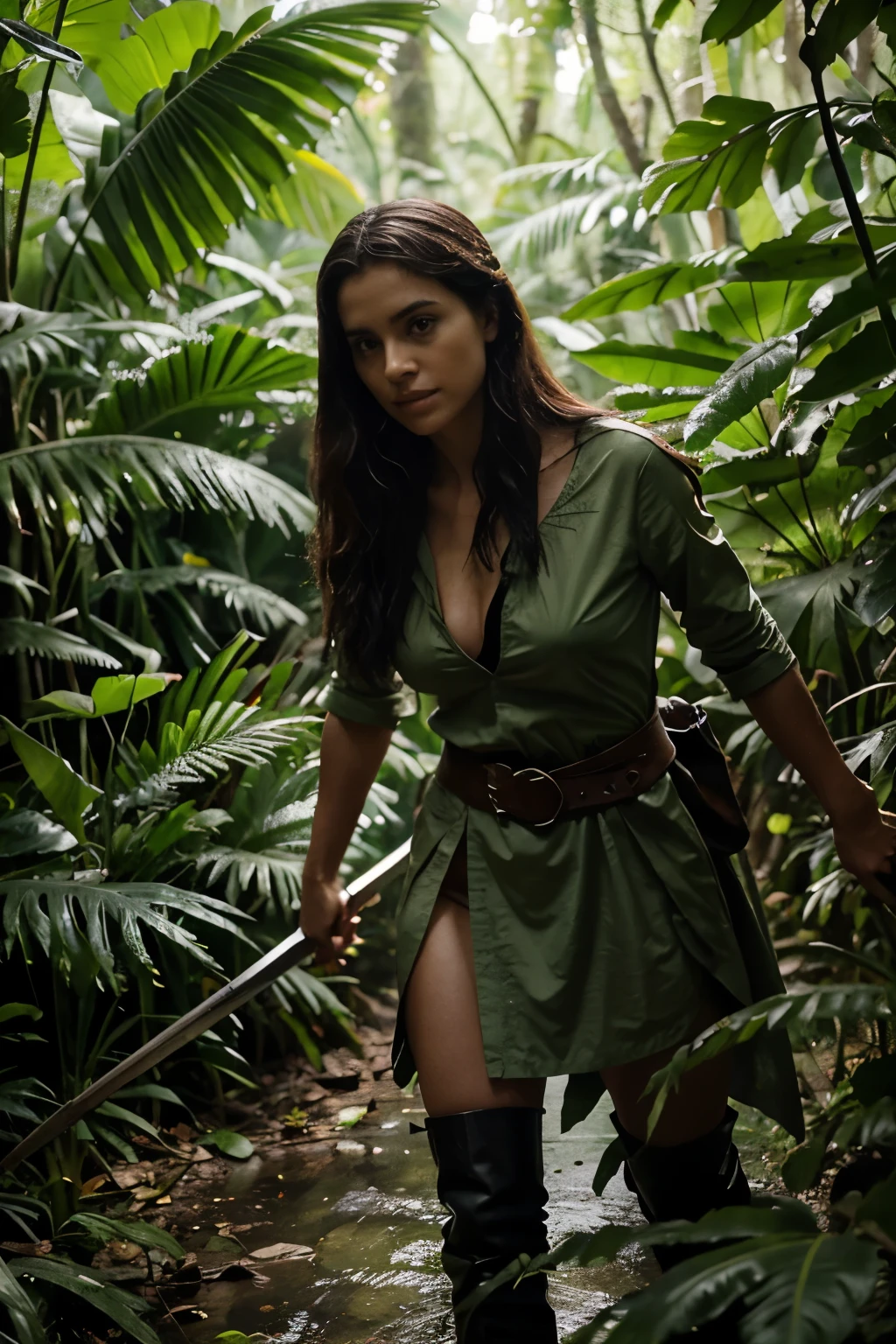 Amidst the dense foliage of the tropical jungle, a fearless warrior advances with determination, your gleaming sword cutting through the damp air. Dressed in light and practical clothes, ela se mistura ao ambiente exuberante, every step calculated revealing years of experience in the wild. Seus olhos perspicazes escaneiam o horizonte verdejante em busca de perigos ocultos, as she orients herself to the sound of birds and the rustle of leaves. Confronting natural challenges and perhaps even unknown creatures, she continues her exploration, guiada pelo instinto de desbravar o desconhecido e desvendar os segredos ocultos da selva.