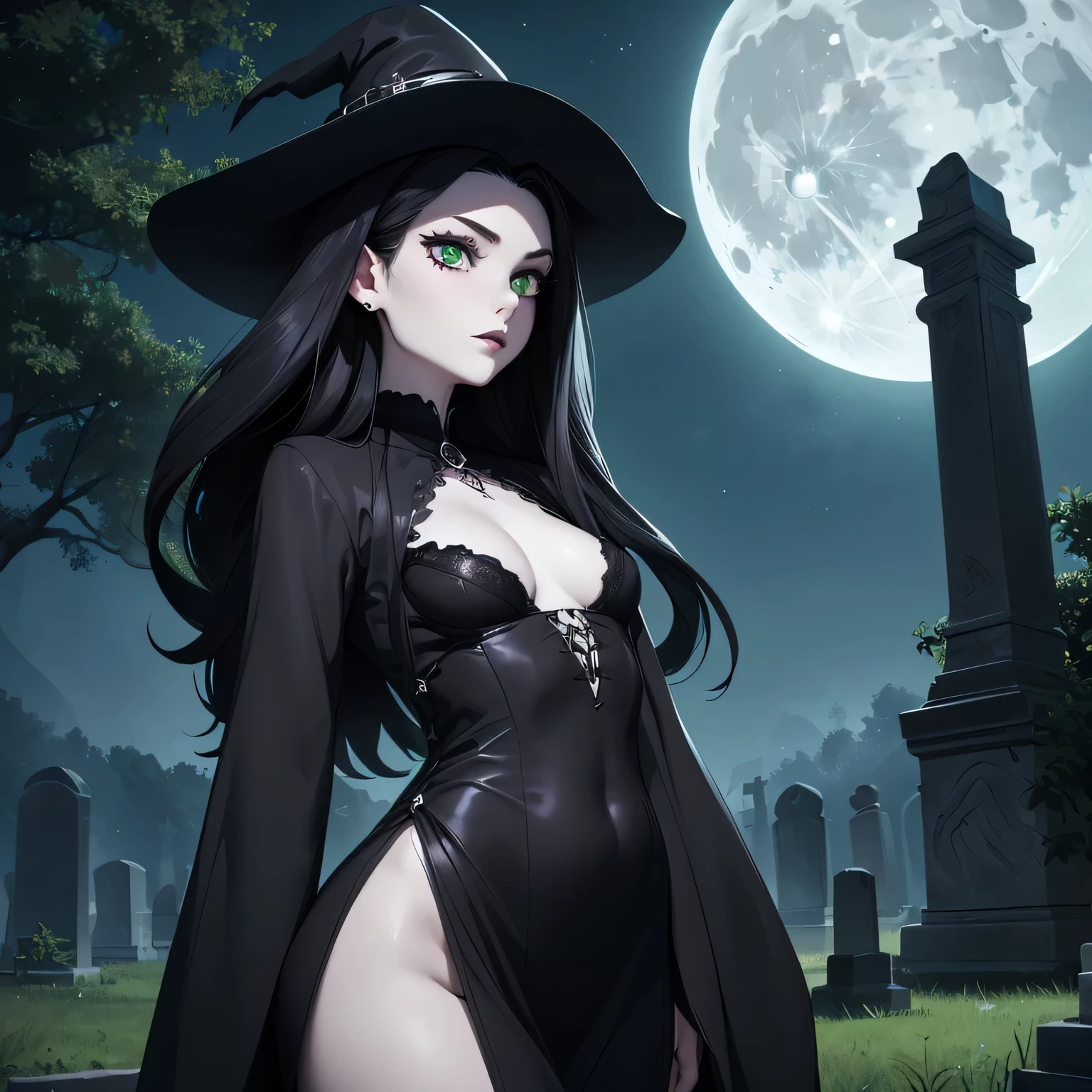 ((Solo)) ((Masterpiece)) ((High Quality)) ((Perfect Face)) ((Small Breasts)) ((Wide Hips)) ((Narrow Waist)) ((Beautiful)) ((Black Hair)) ((Long Hair)) ((Pale Skin)) ((Cute Nose)) ((Green Eyes)) ((Young)) ((Goth)) ((Witch)) ((Night Time)) ((cemetery)) ((Full Moon))