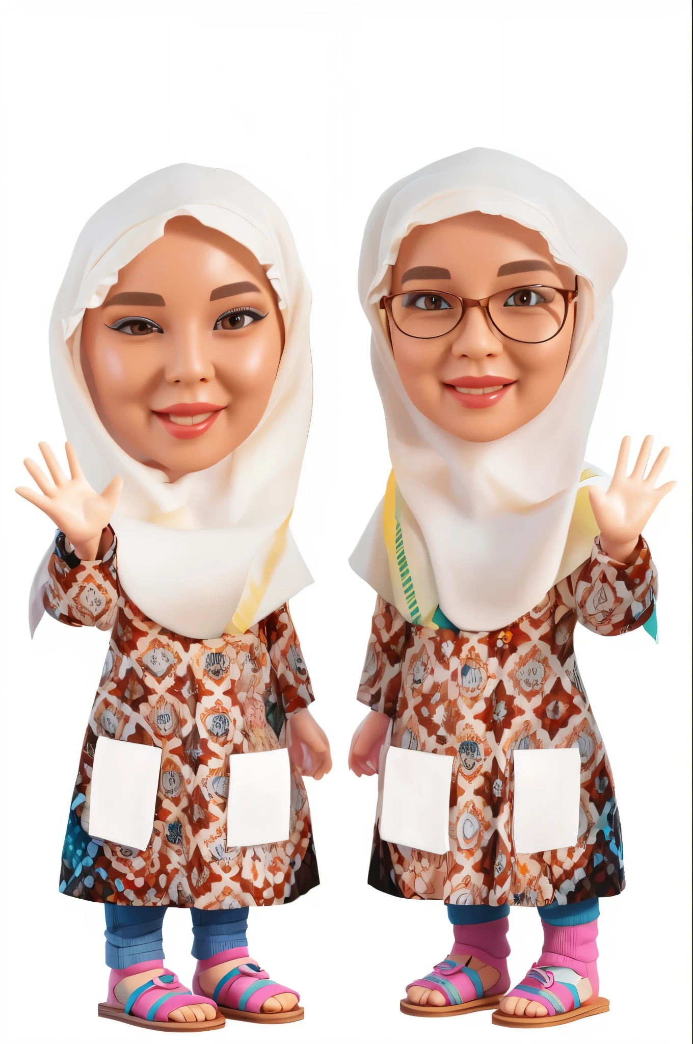there are two dolls of a woman with glasses and a scarf, potrait, symmetry!! portrait, children, chibi, caricature illustration, wide portrait, inspired by Nil Gleyen, full protrait, realism artstyle, fullbody or portrait, wideangle portrait, close up potrait, 3d portrait, levitating twin nuns, in cartoon style, high quality portrait