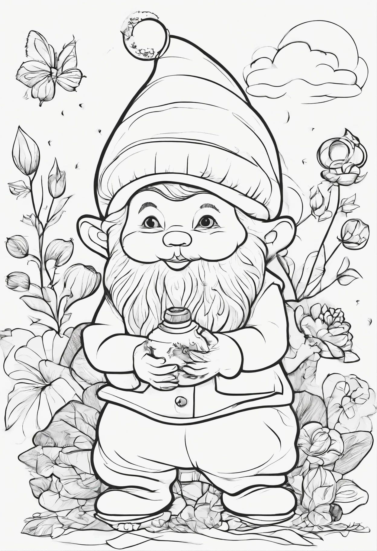 Creative Haven showing love Gnome a baby in diaper, line art, cartoon characters , 3d art, high quality, coloring book, hand-drw, line art