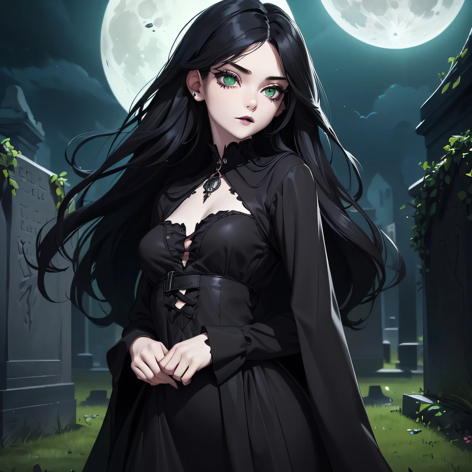 ((Solo)) ((Masterpiece)) ((High Quality)) ((Perfect Face)) ((Small Breasts)) ((Wide Hips)) ((Narrow Waist)) ((Beautiful)) ((Black Hair)) ((Long Hair)) ((Pale Skin)) ((Cute Nose)) ((Green Eyes)) ((Young)) ((Goth)) ((Witch)) ((Black Dress)) ((Night Time)) ((cemetery)) ((Full Moon))