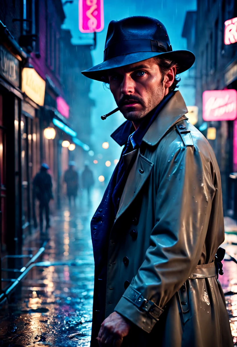 cinematic film still {Neon Noir Showdown: (masterpiece, 8K, UHD, photo-realistic:1.3), grizzled detective with (stubble and piercing blue eyes:1.1), (trench coat:1.2), fedora hat, in a rain-soaked alley, neon signs reflecting on puddles, tense standoff with shadowy figure, (vintage revolver:1.2), steam rising from the pavement, contrasting (neon pink and electric blue:1.1) lighting, close-up shot, side view, intense gaze, dramatic shadows, wet asphalt, moody and atmospheric, rain droplets mid-air, (anxious anticipation:1.1), detailed facial expressions} . shallow depth of field, vignette, highly detailed, high budget, bokeh, cinemascope, moody, epic, gorgeous, film grain, grainy