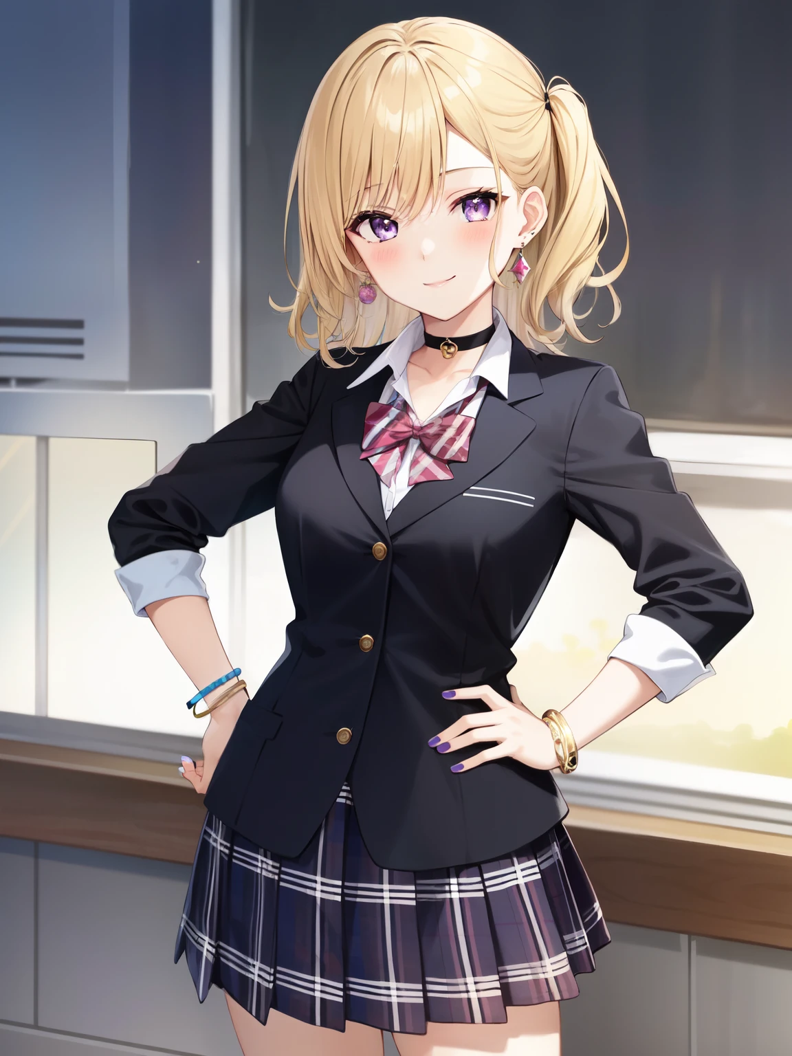 masterpiece, best quality, 1girl, blonde hair, purple eyes, gyaru, pale skin, school uniform, , (black bra:0.4), plaid skirt, black choker, pink fingernails, earrings, bracelet, light smile, hands on hip