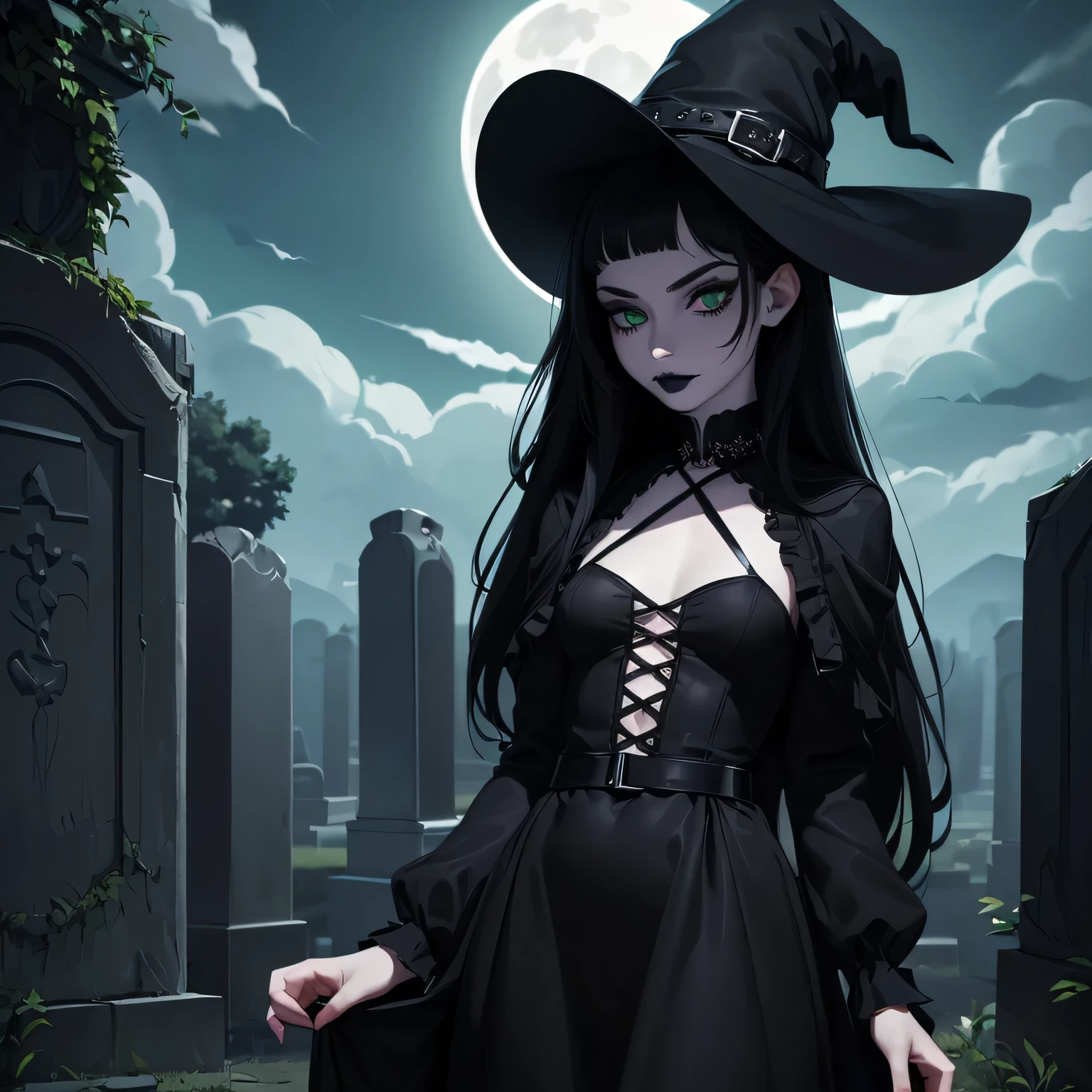 ((Solo)) ((Masterpiece)) ((High Quality)) ((Perfect Face)) ((Small Breasts)) ((Wide Hips)) ((Narrow Waist)) ((Beautiful)) ((Black Hair)) ((Long Hair)) ((Pale Skin)) ((Cute Nose)) ((Green Eyes)) ((Young)) ((Goth)) ((Witch)) ((Black Dress)) ((Night Time)) ((cemetery)) ((Full Moon)) ((Black Lipstick))