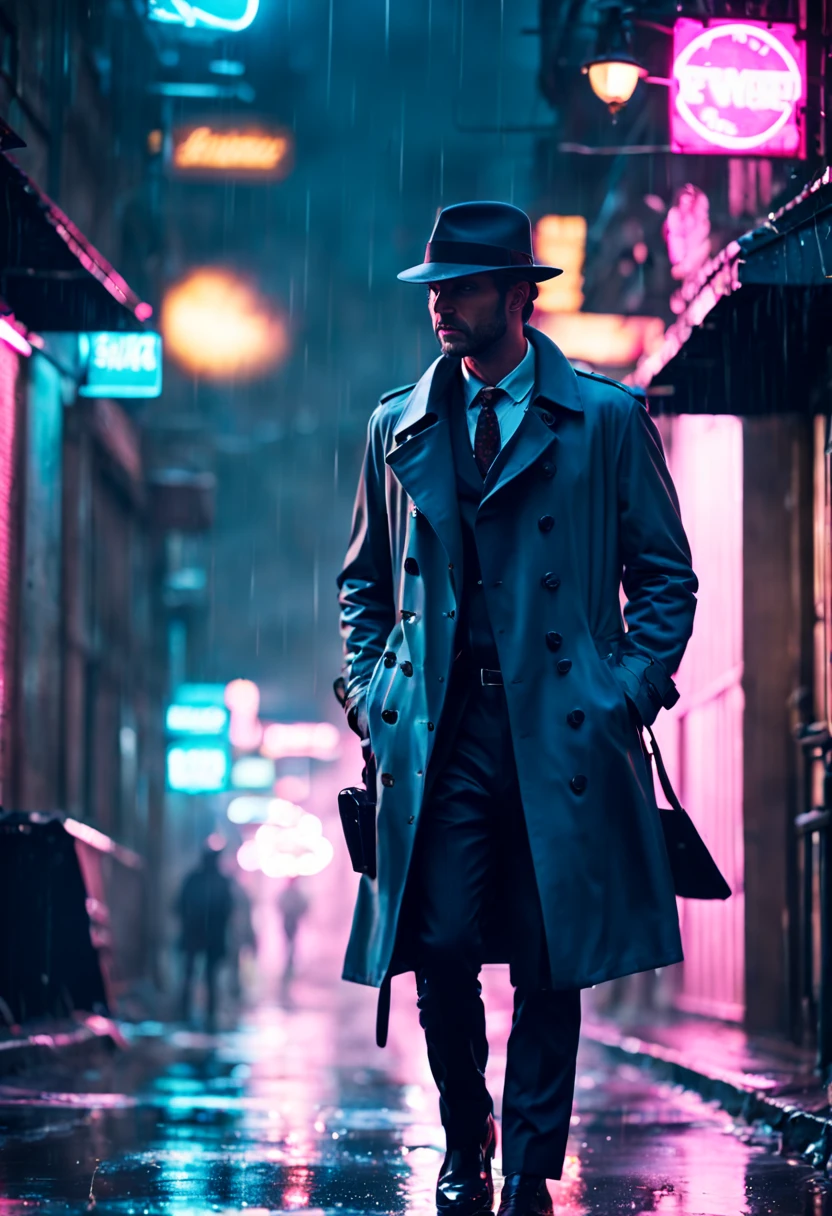 cinematic film still {Neon Noir Showdown: (masterpiece, 8K, UHD, photo-realistic:1.3), grizzled detective with (stubble and piercing blue eyes:1.1), (trench coat:1.2), fedora hat, in a rain-soaked alley, neon signs reflecting on puddles, tense standoff with shadowy figure, (vintage revolver:1.2), steam rising from the pavement, contrasting (neon pink and electric blue:1.1) lighting, close-up shot, side view, intense gaze, dramatic shadows, wet asphalt, moody and atmospheric, rain droplets mid-air, (anxious anticipation:1.1), detailed facial expressions} . shallow depth of field, vignette, highly detailed, high budget, bokeh, cinemascope, moody, epic, gorgeous, film grain, grainy