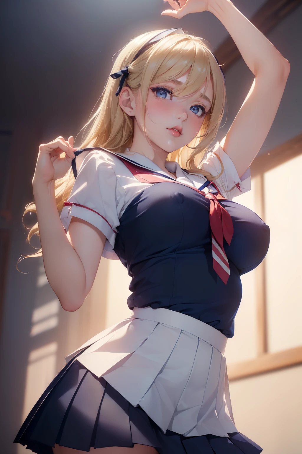 (masterpiece, best quality, cinematic, photorealistic, ultra-detailed), (1girl, japanese student), thicc, (medium shot, from below:1.5), (smart-looking girl wearing white short-sleeved blouse with a sailor-style collar and a ribbon tie:1.4), (navy blue pleated skirt that falls just above the knees:1.4), (blonde hair, long wavy hair:1.2), perfect hands, perfect face, (bursting breasts:1.4), (seductive pose:1.2), (blue eyes, soft and shimmery eyeshadows, detailed pupils, defined eyelashes), (blushing, slightly parted lips, cherry lips:1.2), (gradient background:1.2), (armpit is shown:1.3), (looking at the viewer, chin up:1.4), (standing, sensual pose:1.4)
