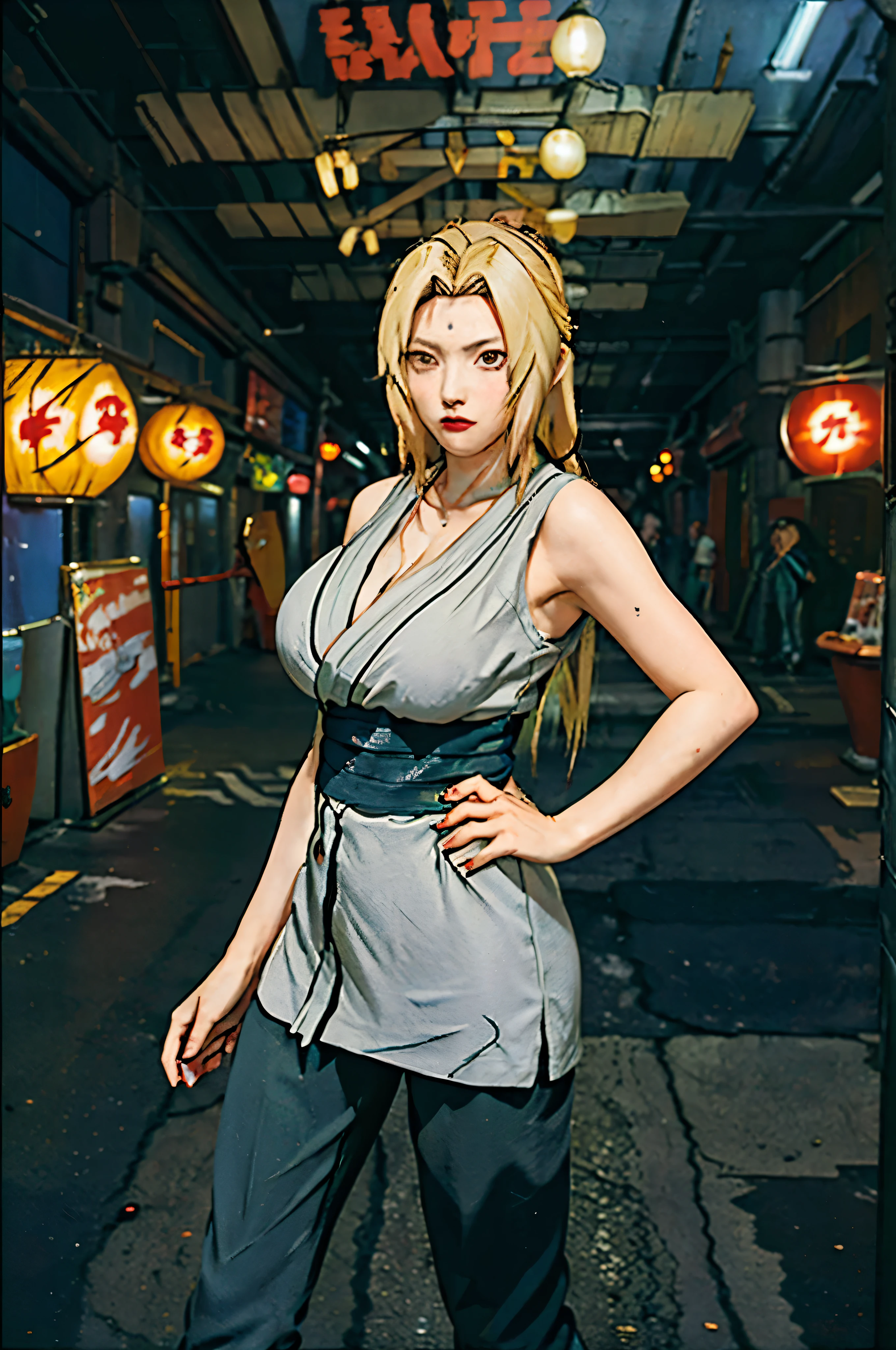 Best quality, masterpiece, ultra high res, (photorealistic:1.4), blond woman in a gray dress, black pants, and kungfu shoes standing in a city street, tsunade from naruto, posing in neo - tokyo futuristic, yayoi kasuma, inspired by Tadanori Yokoo, in neo tokyo, kunoichi, mid shot portrait, japanese woman, big curvy breast, cleavage