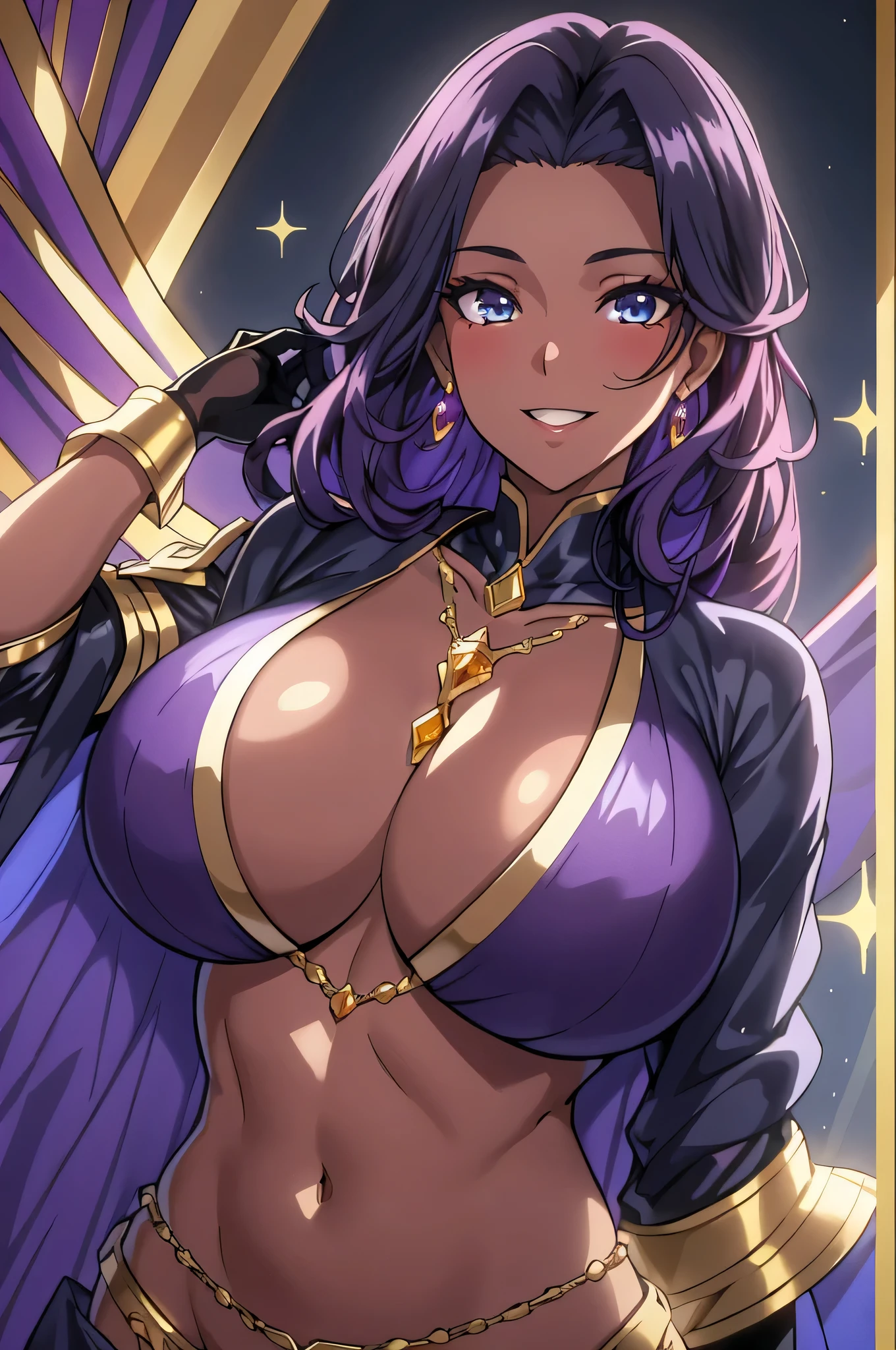 olga discordia, long black hair, colored skin, brown skin, hair stick, bangs, blue eyes, solo, smiling, standing, upper body, hips, bare shoulders,purple thighhighs,violet dress, gold jewelry,armor,gloves,circlet, cleavage, red and gold royal castle, gigantic breasts, (best quality, masterpiece, beautiful and aesthetic:1.2, highest detailed face, perfect face,)  eyes, perfect face,expressive eyes,
looking at viewer, in the center of the image,(Upper_body),(Focus on her face),
official art,extremely detailed CG unity 8k wallpaper, perfect lighting,Colorful, 
(masterpiece:1.0),(best_quality:1.0), ultra high res,4K,ultra-detailed
