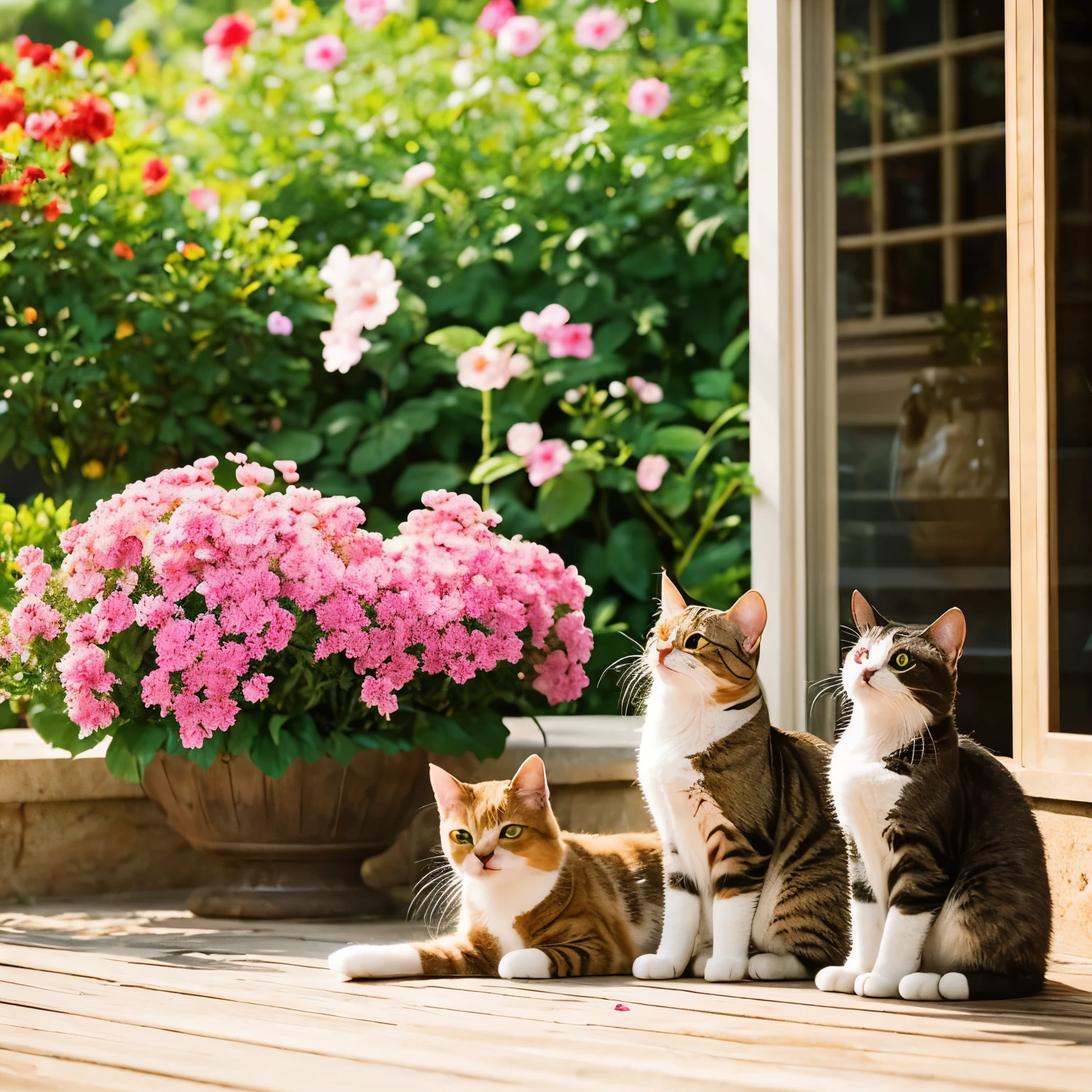 Cats, cute tortoiseshell cats, surrounded by big flowers, warm atmosphere, dancing petals,