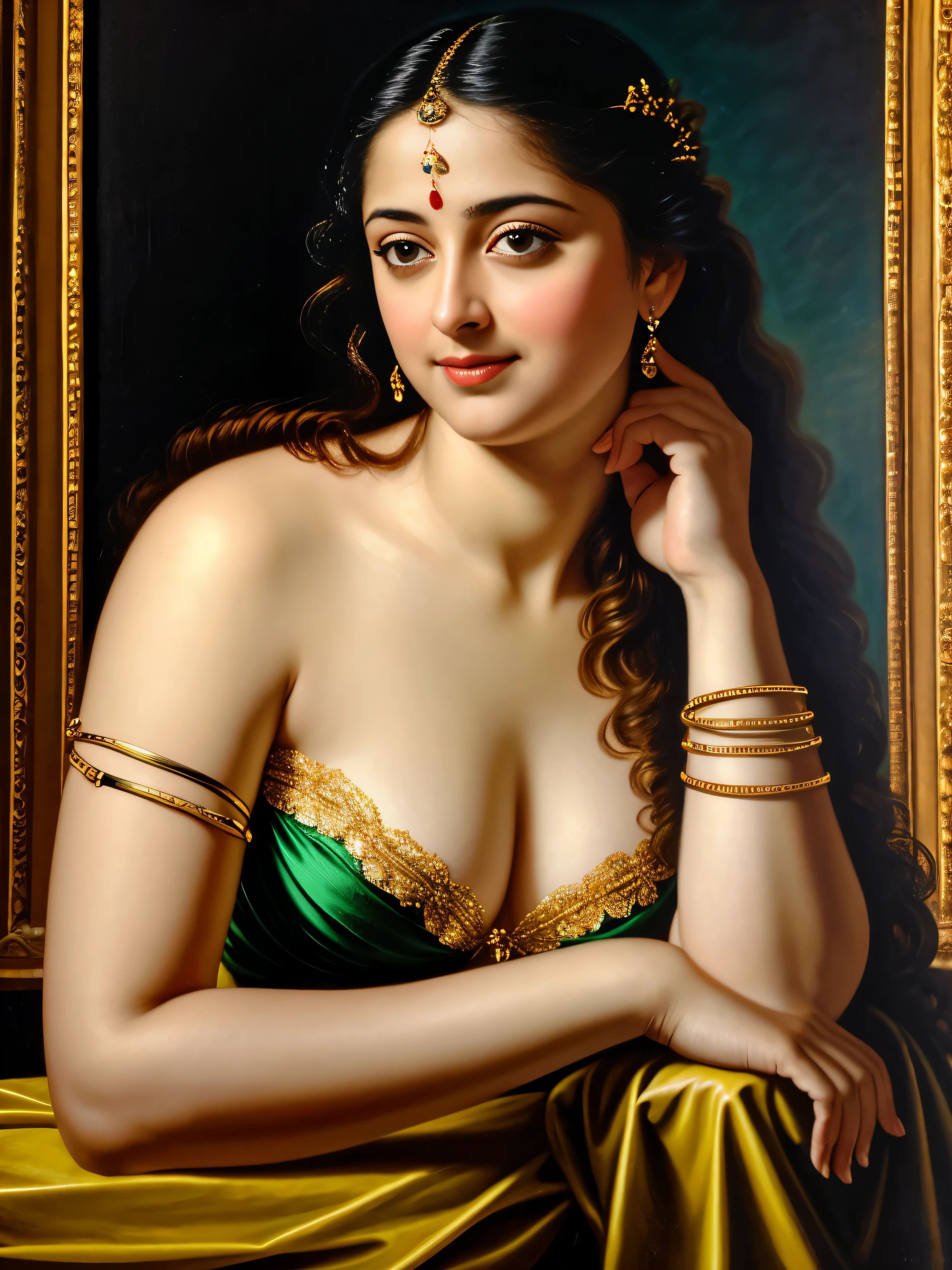 Looks like Anushka Shetty, Masterpiece, Best quality, high clarity eyes, critically flawless,sharp picture, Full portrait, High pixels, perfect face, perfect eyes, beautiful face, perfect hands,perfect fingers, in Peter Paul Rubens style, by Peter Paul Rubens, baroque style, acrylic on canvas, highly detailed, description: "Create a nymph inspired by the tales of Greek or Roman mythology, embodying the essence of a natural element or location, and possessing a unique ability or trait that sets her apart.", strapless Bra of ancient times, strapless bralette, armpits showing, 