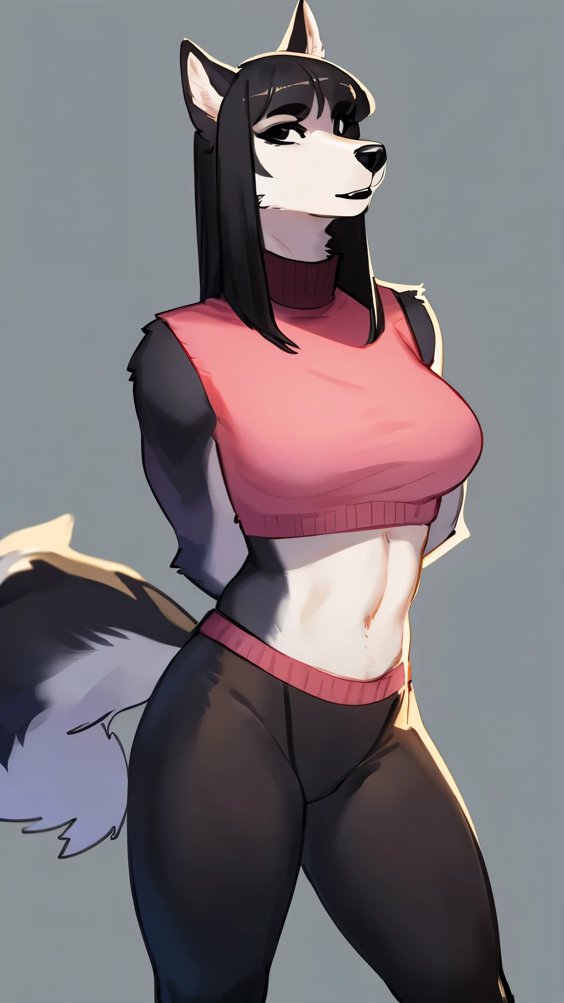By bebebebebe, by lostgoose, by goonie-san, solo, standing, female, canine, ((malamute)), ((snout, hair)), detailed eyes, looking at viewer, (black lipstick, black mascara, black eyeliner), straight hair, flat hair, pink knit crop top, boob window, turtleneck, black leggings, ??????, hands behind back, fit, athletic, strong thighs