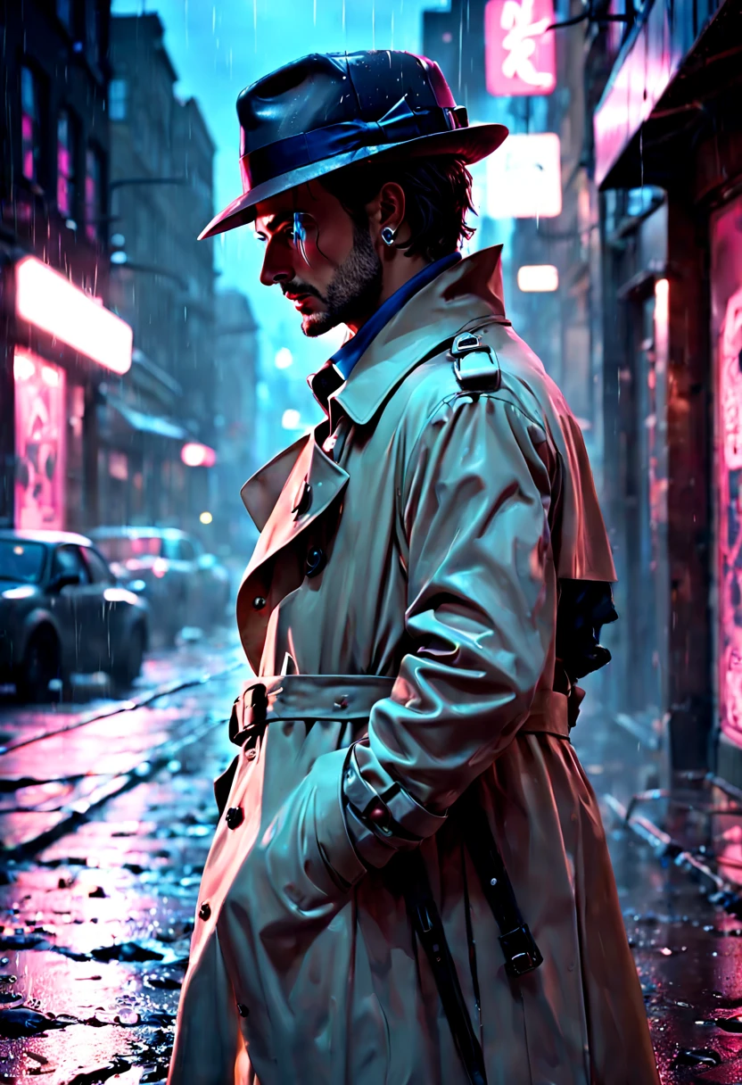 cinematic film still {Neon Noir Showdown: (masterpiece, 8K, UHD, photo-realistic:1.3), grizzled detective with (stubble and piercing blue eyes:1.1), (trench coat:1.2), fedora hat, in a rain-soaked alley, neon signs reflecting on puddles, tense standoff with shadowy figure, (vintage revolver:1.2), steam rising from the pavement, contrasting (neon pink and electric blue:1.1) lighting, close-up shot, side view, intense gaze, dramatic shadows, wet asphalt, moody and atmospheric, rain droplets mid-air, (anxious anticipation:1.1), detailed facial expressions} . shallow depth of field, vignette, highly detailed, high budget, bokeh, cinemascope, moody, epic, gorgeous, film grain, grainy