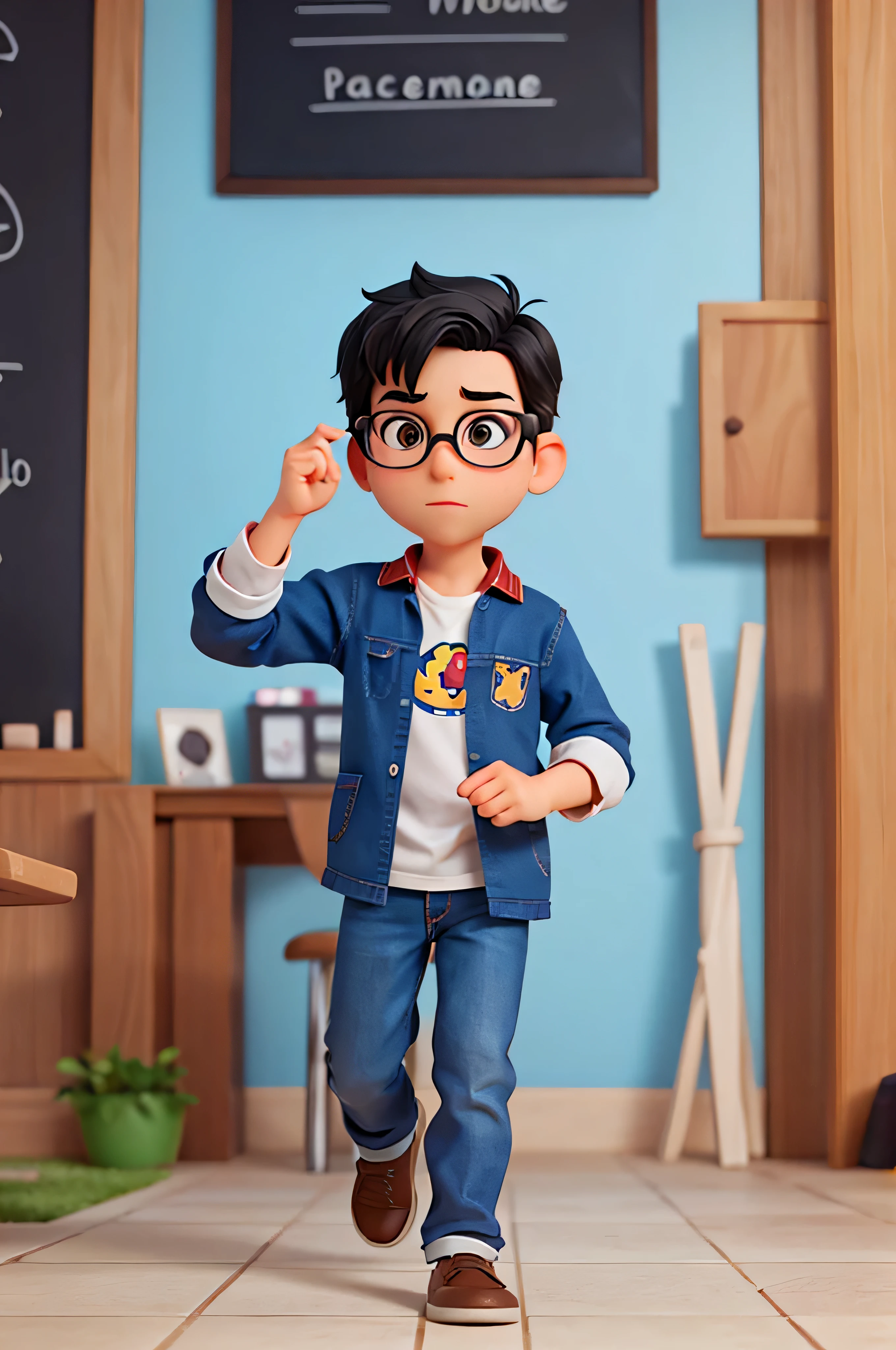 Crie um personagem em alta qualidade, 1 detalhes do menino: wear glasses (redondo), has black hair profession Graphic Designer, Curioso. Estilo Pixar