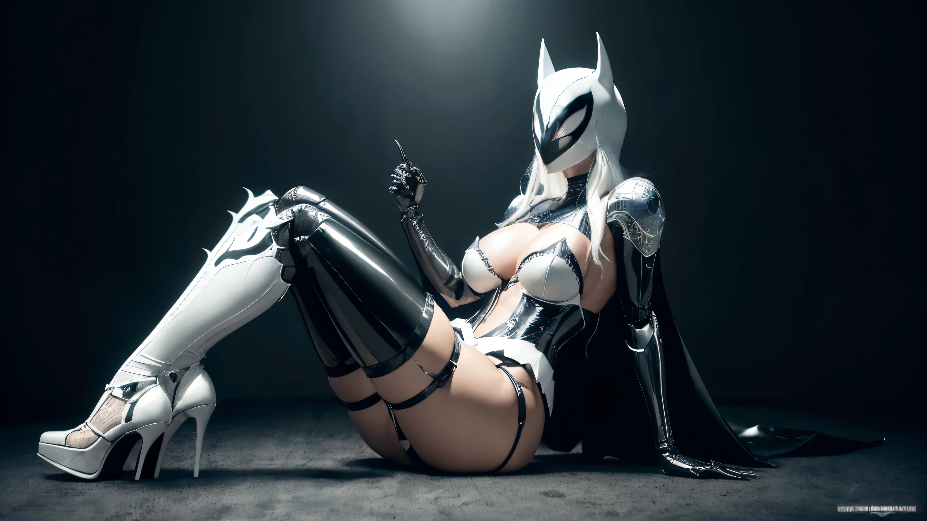 (Best quality, one person, ((masterpiece)), 8k, raw, ((a hot chick young beautyful big tits girl)), ((detailed face)), (there is a dark cyber city in the background), (good anatomy), her clothes are very torn in several places, detailed eyes, detailed face, (((black white latex with Garter Belts Sexy ))), (((good anatomy))), (big tits), (PUSH UP TITS), (((WEARING A white VENOM batman spiderman mask))), (tits on focus), ((full body)), ((wearing high heels)), ((venom outfit)), white and black spiderman venom, (catwoman), batman, (diablo) , (((horror style background))), wearing a white hood, it is photographed from side, (((she has a big venom face))), (((she looks up))), ((her costume are very torn in several places)), platform heels, sitting, crossed legs, fullbody, ((black carbon robot hands)), ((cyborg)), white hair, hot long legs
