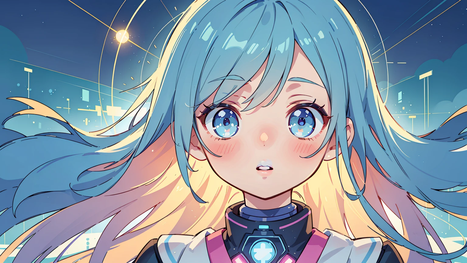 (high-resolution,HDR) anime, hydrogen girl, (detailed face,beautiful detailed eyes,beautiful detailed lips,extremely detailed eyes and face,long eyelashes), (hydrogen theme,hydrogen atom,hydrogen gas), (fantasy scenery,futuristic city,anime art style), vibrant colors, glowing lights, (sci-fi outfit,school uniform), (floating, levitating)