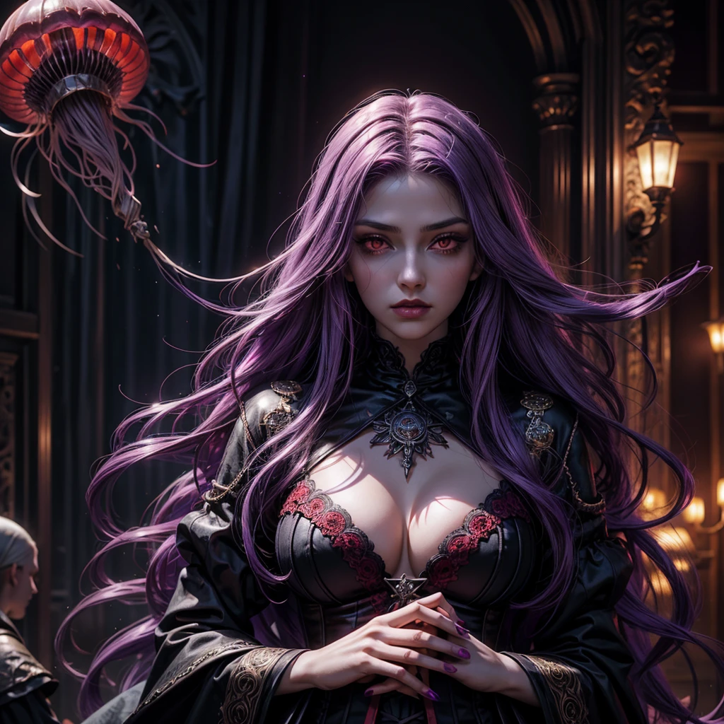 Woman, jellyfish, (feudal middle age:1.1), Slavic appearance, (long straight purple hair gradient pro red), (red eyes), (strong expression look), purple lipstick, fair skin, (black color gothic clothes with red details:1.1), yellow scales on the hands, cinematic lighting, mystical atmosphere, dynamic focus, ultra reality, ultra realistic, ultra quality, real, real texture:1.1, realistic clothes:1.1, 8k insaneres, absurd,