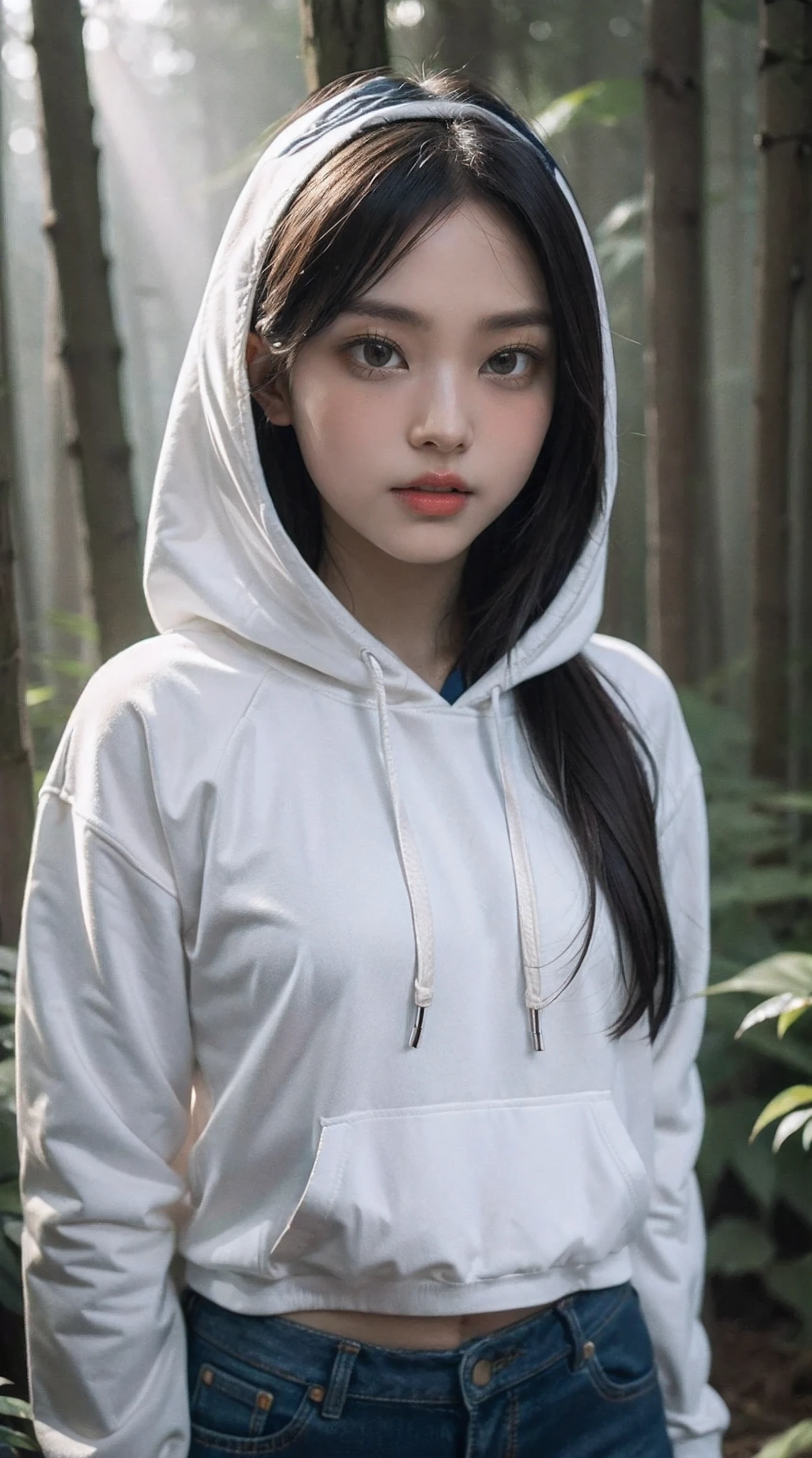 1girl, long hair, wearing hoodie, against camp in dark forest background, morning, sunray, fog and smoke, 8k, nikon D7500, 85mm portrait, ultra-detailed,