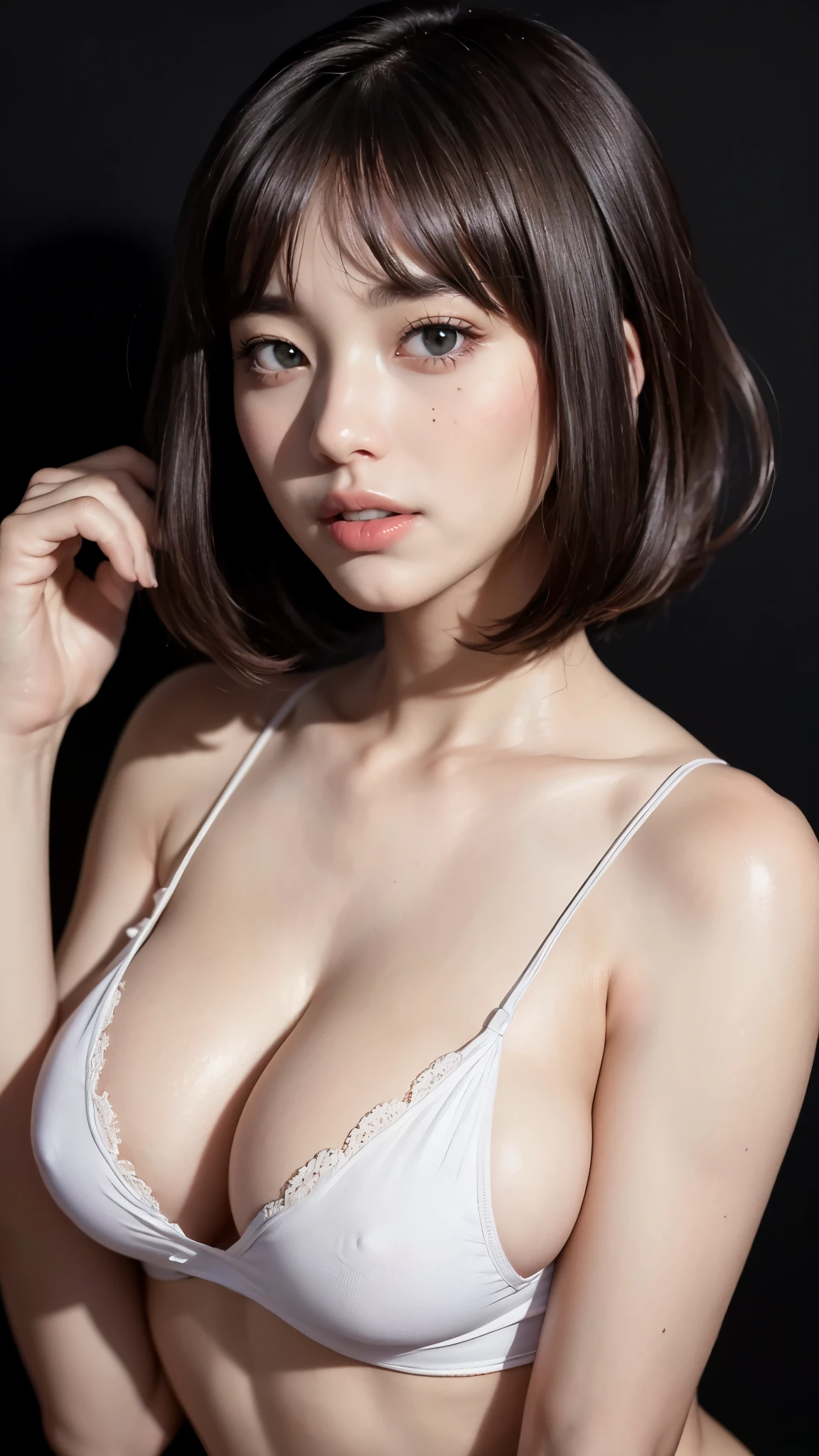 Albedo, ((Master piece、high quality、Super masterpiece、highest quality、Super high resolution、cinematic, 8k、(Portrait of a very beautiful actress、long neck)、(happiness、youthful、Beautiful teeth、Beautiful alignment of teeth, she has a dimple)、Beautiful realistic eyes, clear crystal green eyes))、(photorealistic:1.4)、((1 girl、sexy、light white skin:1.4、Look at your audience、Close-up of face、focus very clear of the girl, immaculate、charming, beautiful、dark hair、Bob haircut with beautiful bangs、Beautiful long hair、Supermodel 190cm、colossal realistic breasts:1.6)) dark wide and pointy nipples. (thin transparent micro swimsuit, super detailed and transparent bottom, pink micro panties :1.9, transparent bottom、(albedo wearing traditional shirt along with very detailed panties)), black angel wings on the hip, sexy. ((realistic long breasts between the arms)、natural breasts, wide nipples, (Come close to emphasize the beautiful cleavage))、long neck、straight bangs、Eyelashes、beautiful delicate eyes、The golden ratio face、golden ratio body、( 8K image quality、highest quality、Master piece:1.6)、Ultra-detailed、ultra resolution、(Rialistic Photography:1.37)、cinematic、black background, paradise, color photography, high definition、professional photography、top shot Very detailed and beautiful、8k photo、Incredibly detailed、official art、Highly detailed Unity 8k CG wallpapers、Goddess of beauty , Beautiful girl very detailed、Extra detailed face、Extremely detailed eye、Highly detailed skin、Extremely detailed fingers、Highly detailed nose 、Very detailed mouth、Perfect anatomy、Detailed background、(beautiful girl 25 years old:1.2、cute girl、realistic body、sexy、skin pores)、slim body、Beautiful body、breasts sticking out of cleavage、pussy, pubic hair、(bangs blind: 1.2)、Kawaii faces、realistic face、delicate eyes、frontal cowboy shot、athletic pose、ultra gigantic breasts、Beautiful teeth、Beautiful teeth alignment、Smile for me, Super-model.